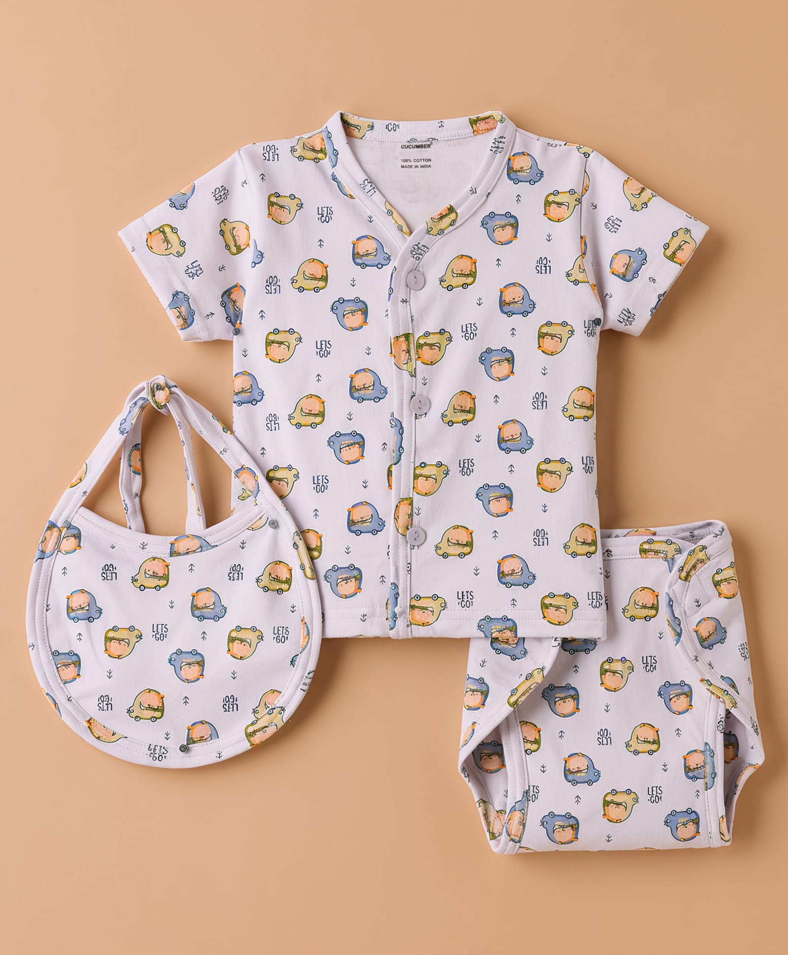 CUCUMBER Sinker Knit Half Sleeves T-Shirt & Shorts Set Co-Ord Night Suit With Bib & Animal Print -Lilac-picture-31