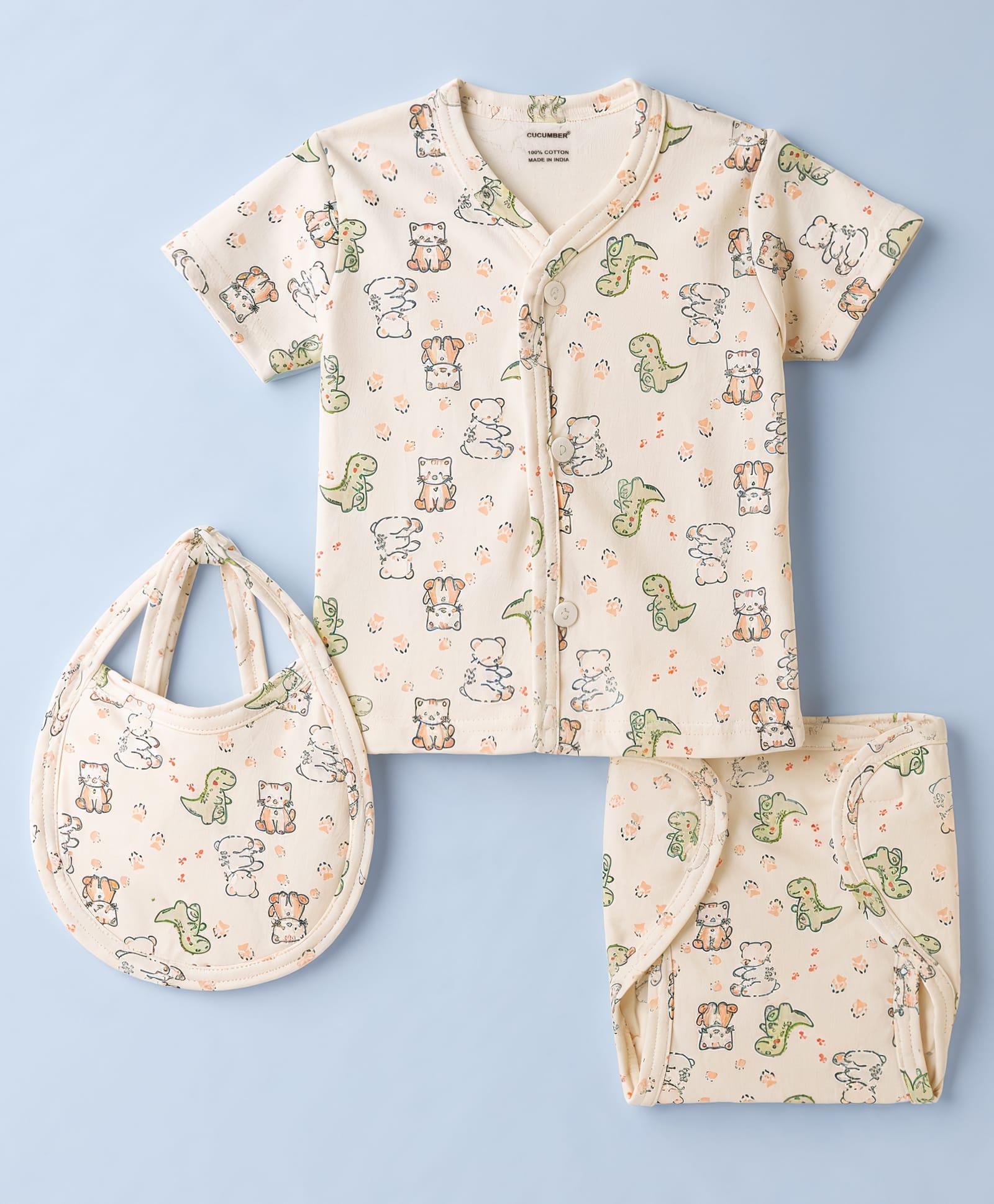 CUCUMBER Sinker Knit Half Sleeves T-Shirt & Shorts Set Co-Ord Night Suit With Bib & Animal Print - Cream-picture-3
