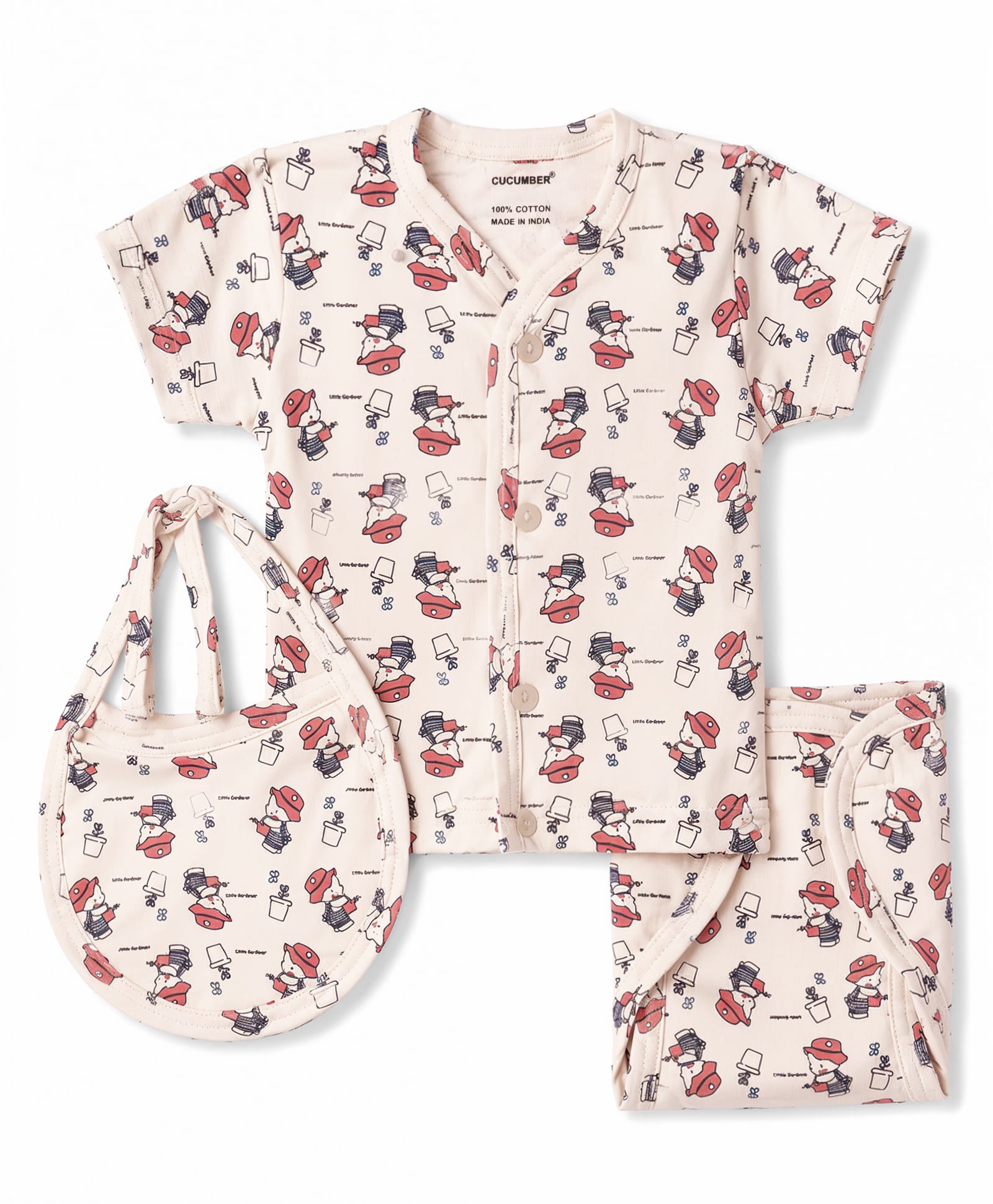 CUCUMBER Sinker Knit Half Sleeves T-Shirt & Shorts Set Co-Ord Night Suit With Bib & Floral & Teddy Print - Baby Pink-image-8