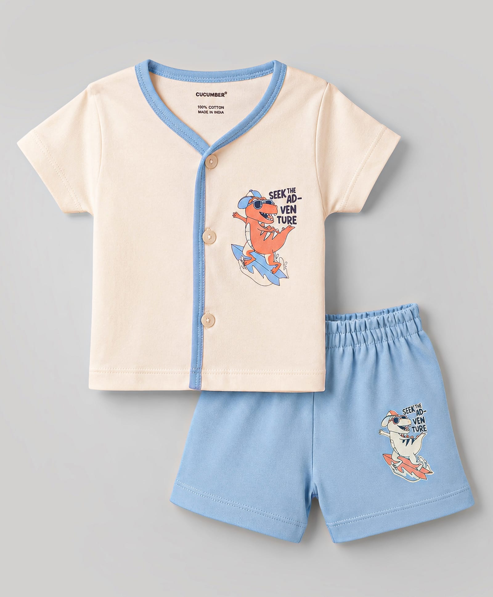 CUCUMBER Sinker Knit Half Sleeves T-Shirt & Shorts Set With Dino Print - White & Blue-image-43