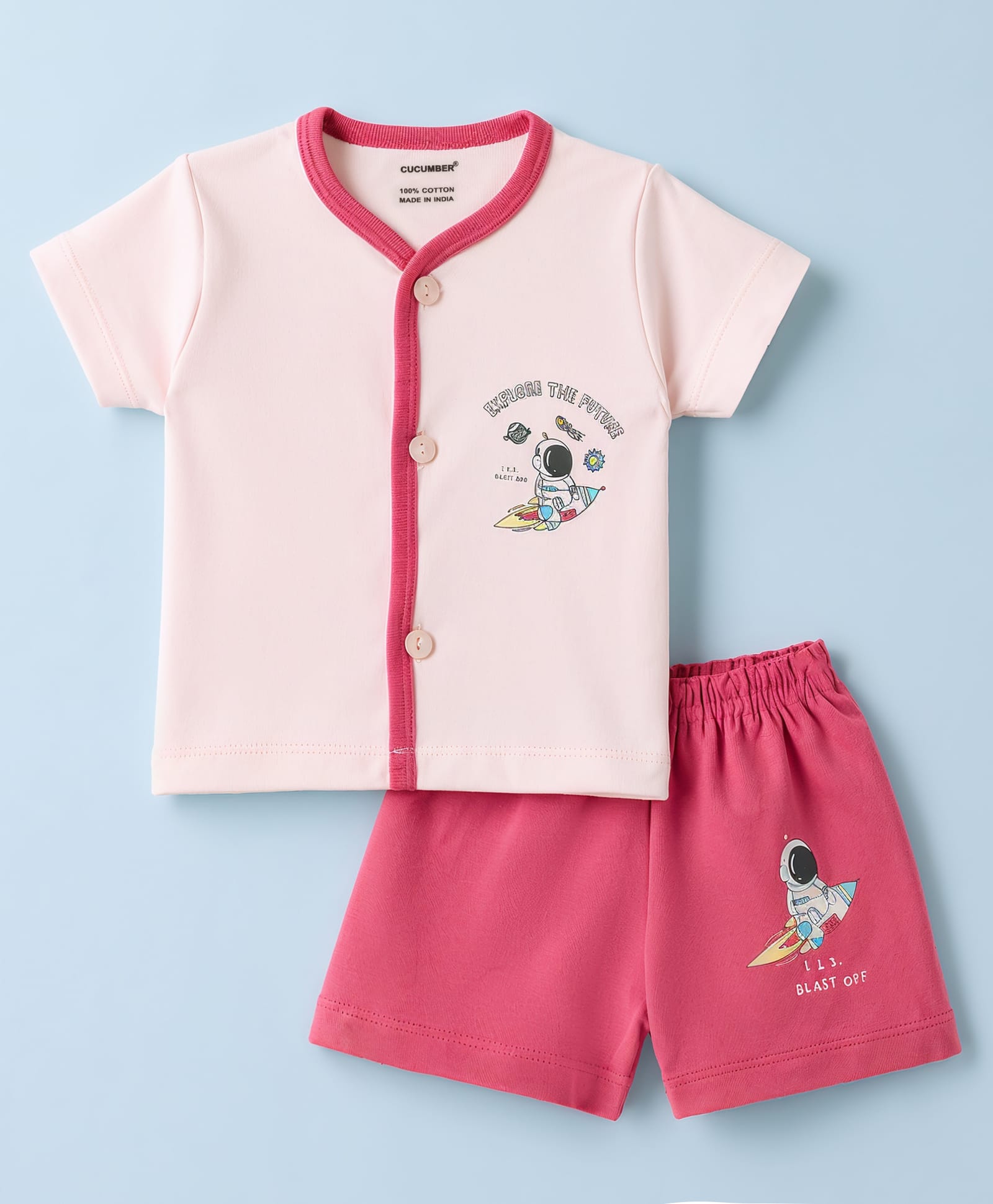 CUCUMBER Sinker Knit Half Sleeves T-Shirt & Shorts Set With Space Print - Baby Pink-picture-28