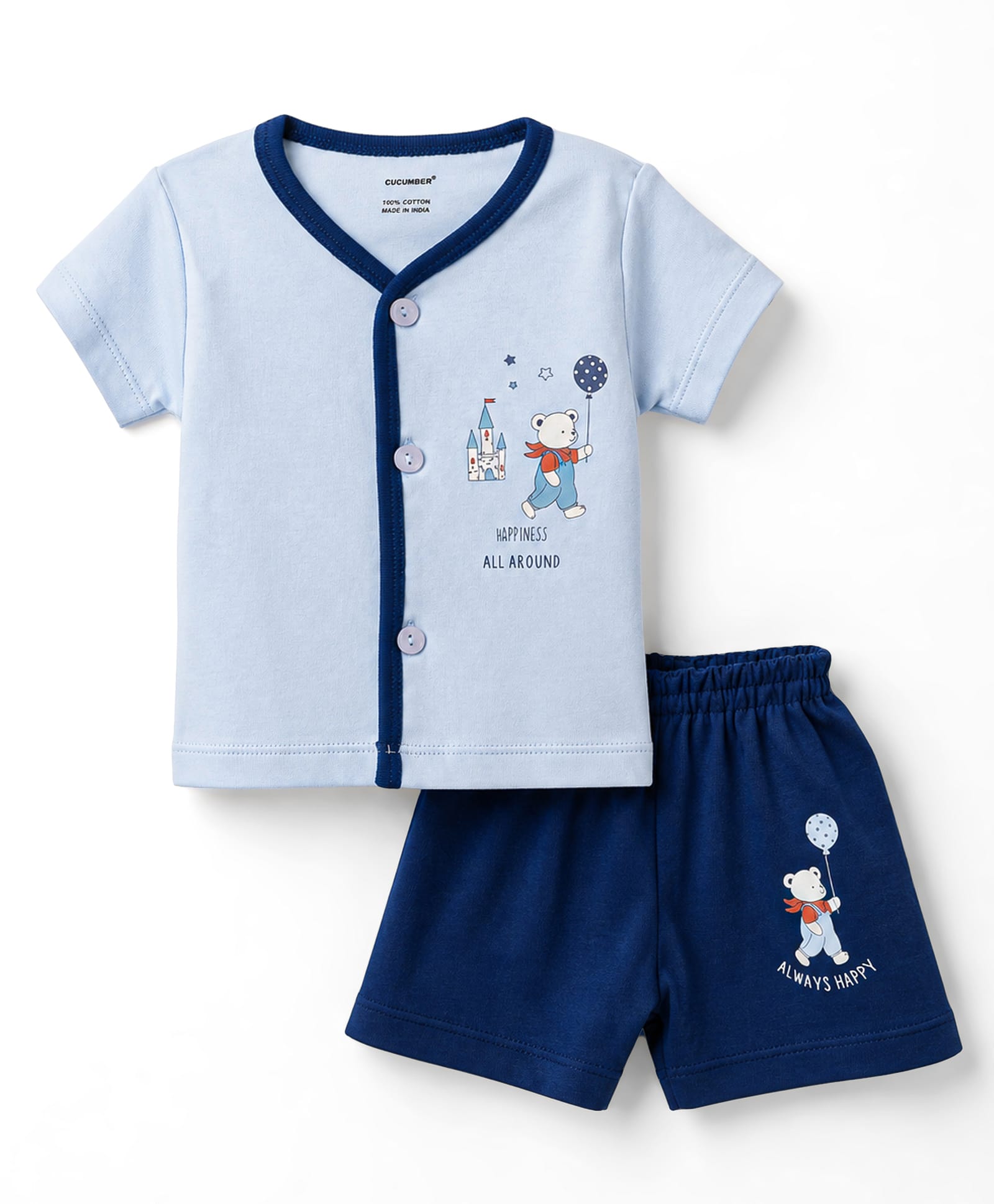 CUCUMBER Sinker Knit Half Sleeves T-Shirt & Shorts Set With Teddy Print - Blue-picture-43
