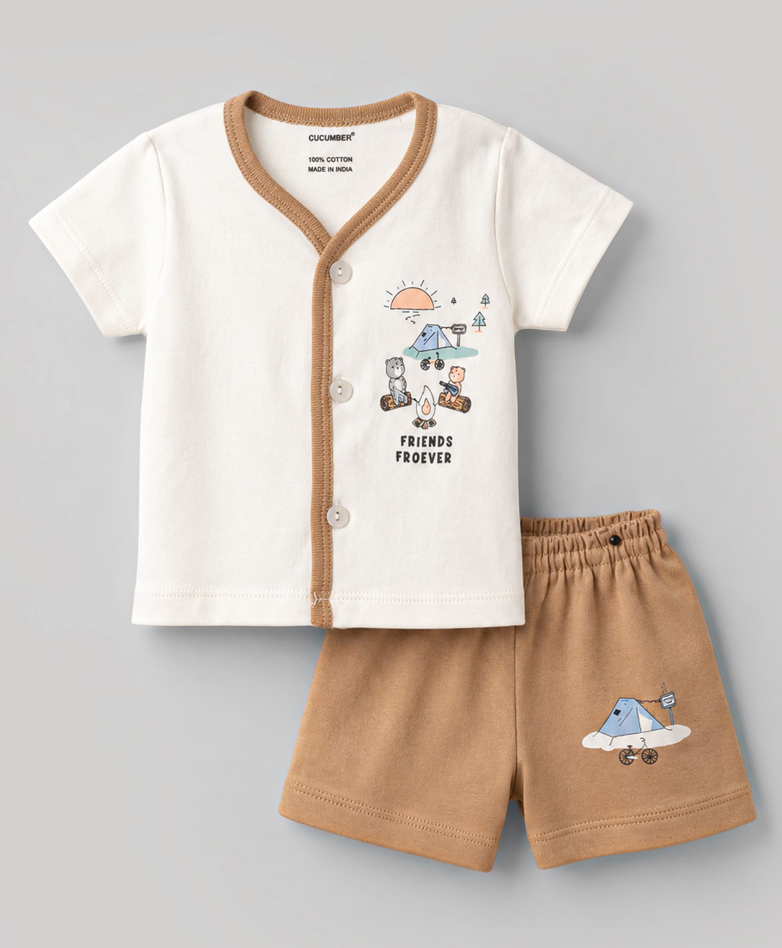 CUCUMBER Sinker Knit Half Sleeves T-Shirt & Shorts Night Suit With Teddy Print - Cream-picture-36