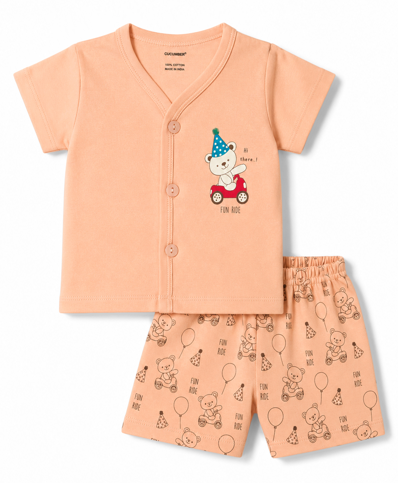 CUCUMBER Sinker Knit Half Sleeves T-Shirt & Shorts Night Suit With Teddy Bear Print - Peach-picture-35