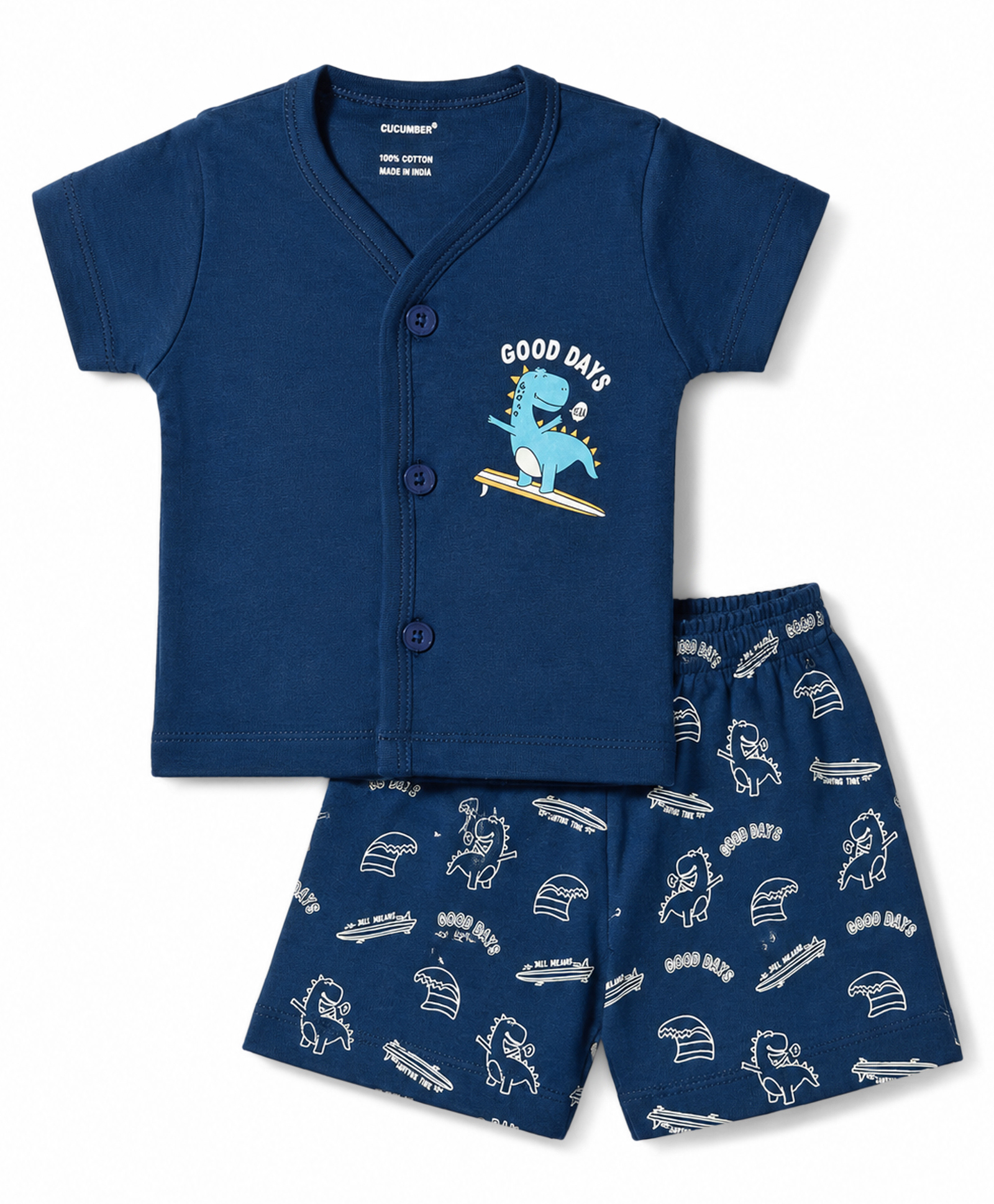 CUCUMBER Sinker Knit Half Sleeves T-Shirt & Shorts Night Suit With Dino Print - Navy Blue-image-34