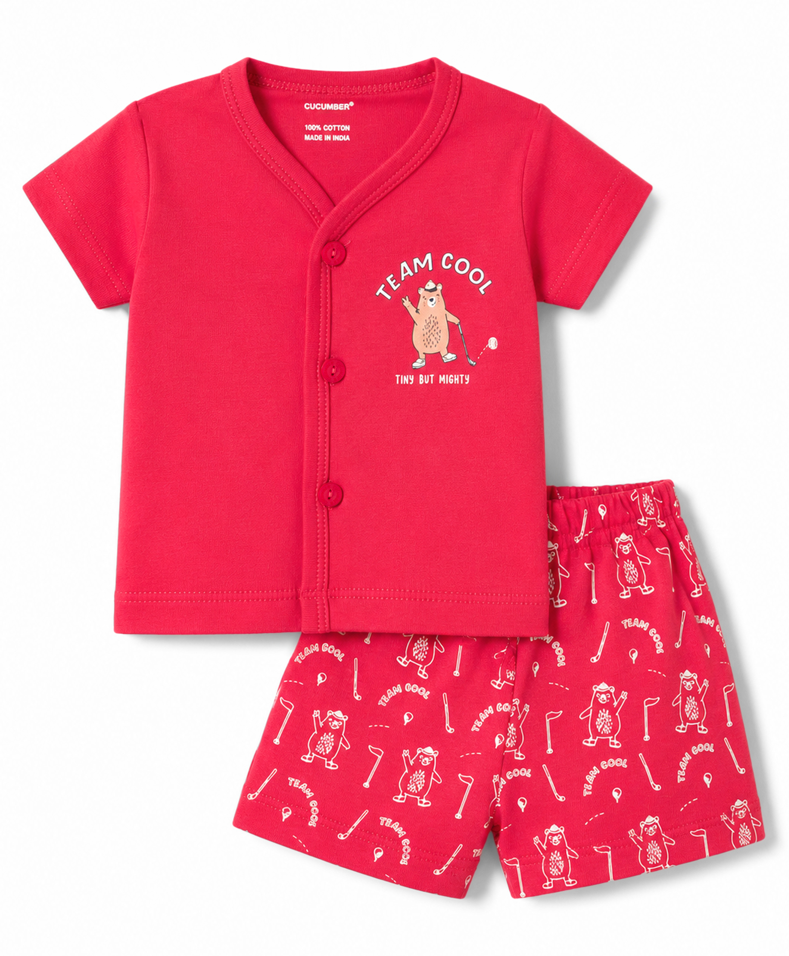 CUCUMBER Sinker Knit Half Sleeves T-Shirt & Shorts Night Suit With Teddy Bear Print - Red-picture-37