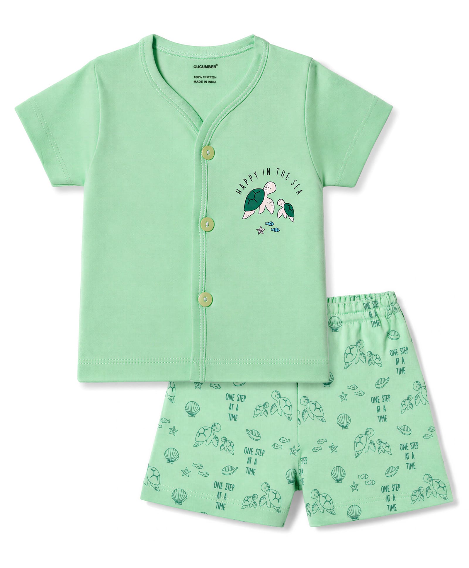 CUCUMBER Sinker Knit Half Sleeves T-Shirt & Shorts Night Suit With Turtle Print - Light Green-image-9