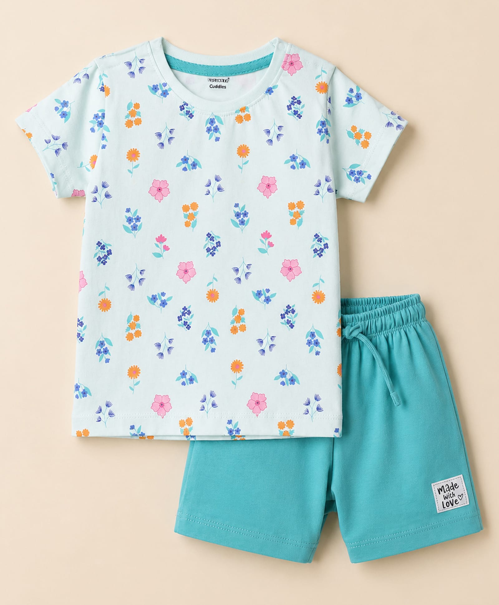 CUCUMBER Sinker Knit Half Sleeves T-Shirt & Shorts Night Suit With Floral Print - Sea Green-picture-37