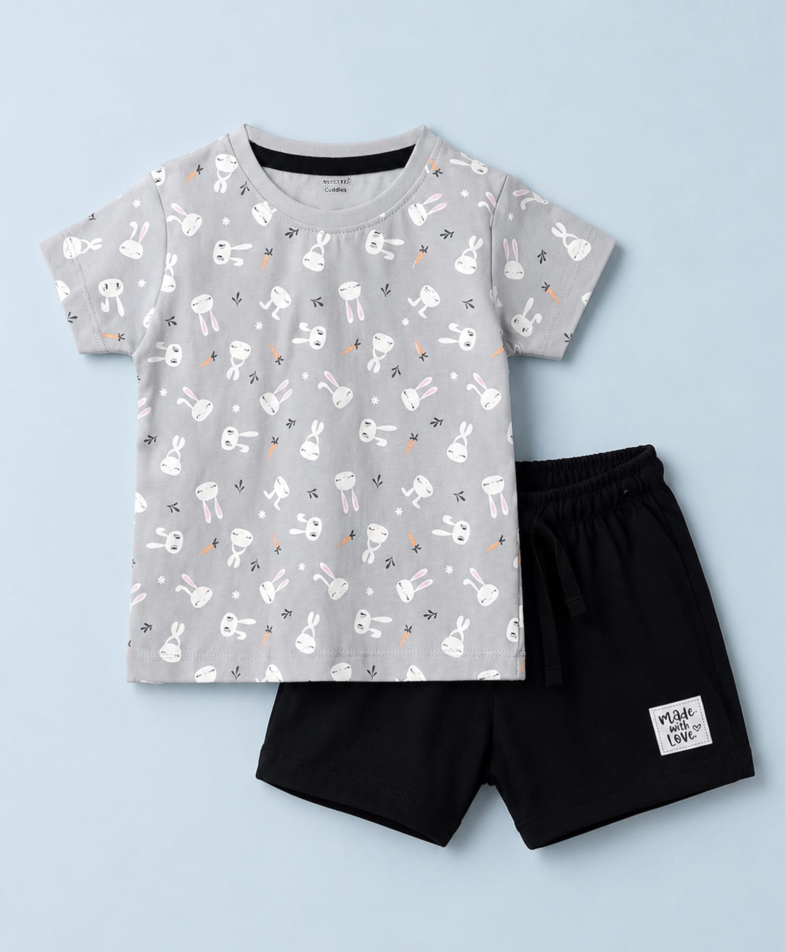 CUCUMBER Sinker Knit Half Sleeves T-Shirt & Shorts Night Suit With Bunny Print - Grey-image-12