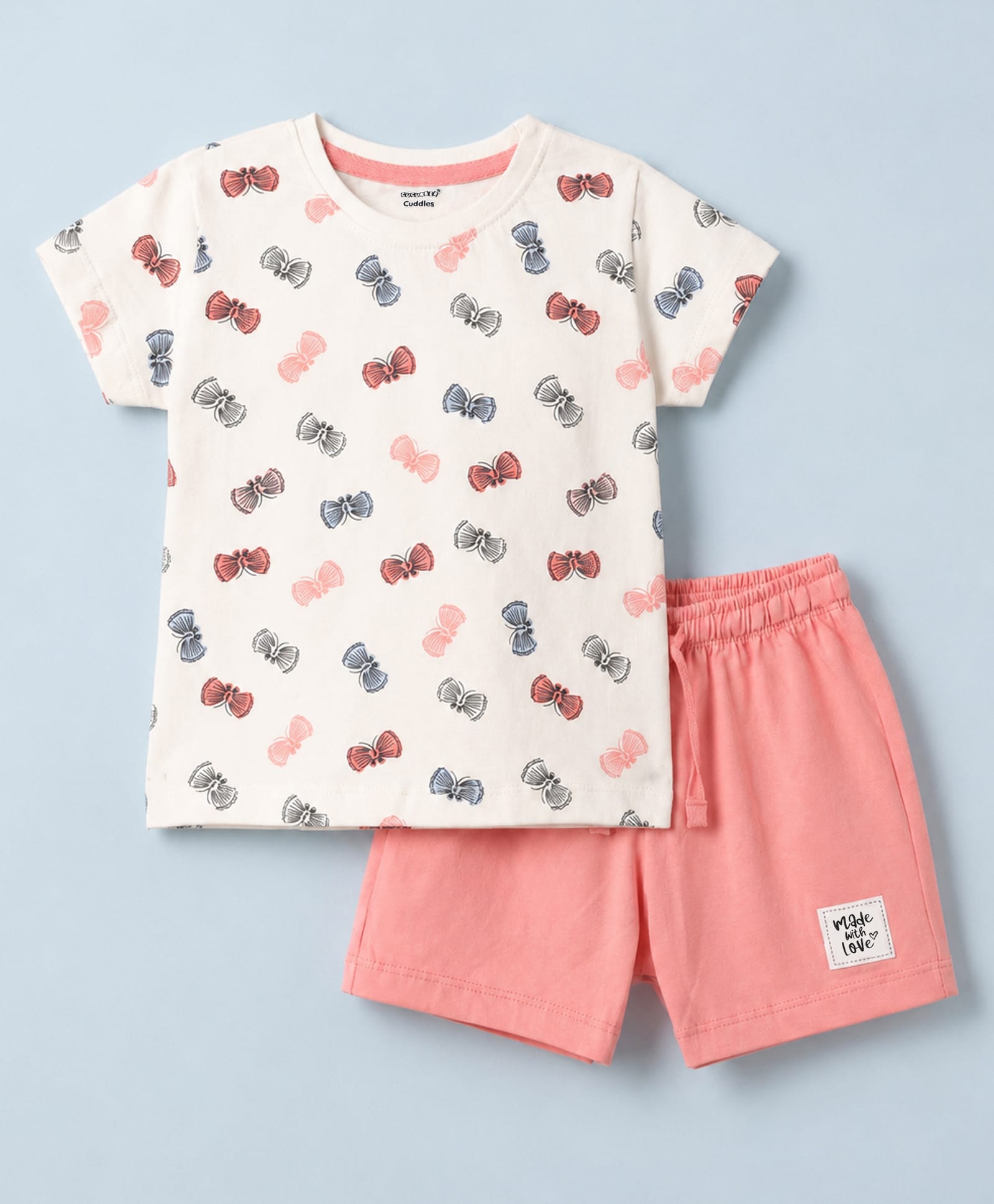 CUCUMBER Sinker Knit Half Sleeves T-Shirt & Shorts Night Suit With Butterfly Print - Cream & Pink-image-44