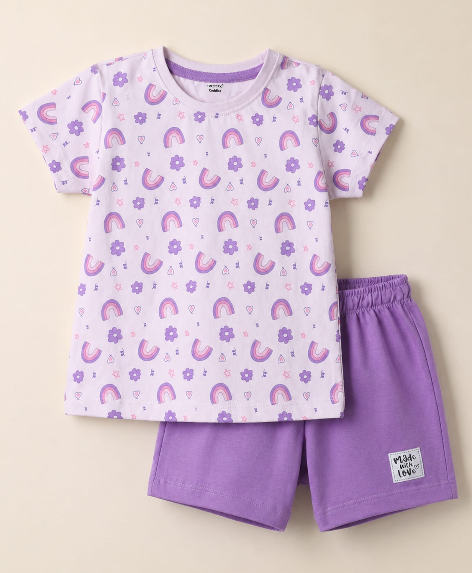 CUCUMBER Sinker Knit Half Sleeves T-Shirt & Shorts Night Suit With Rainbow Print - Lilac-image-45