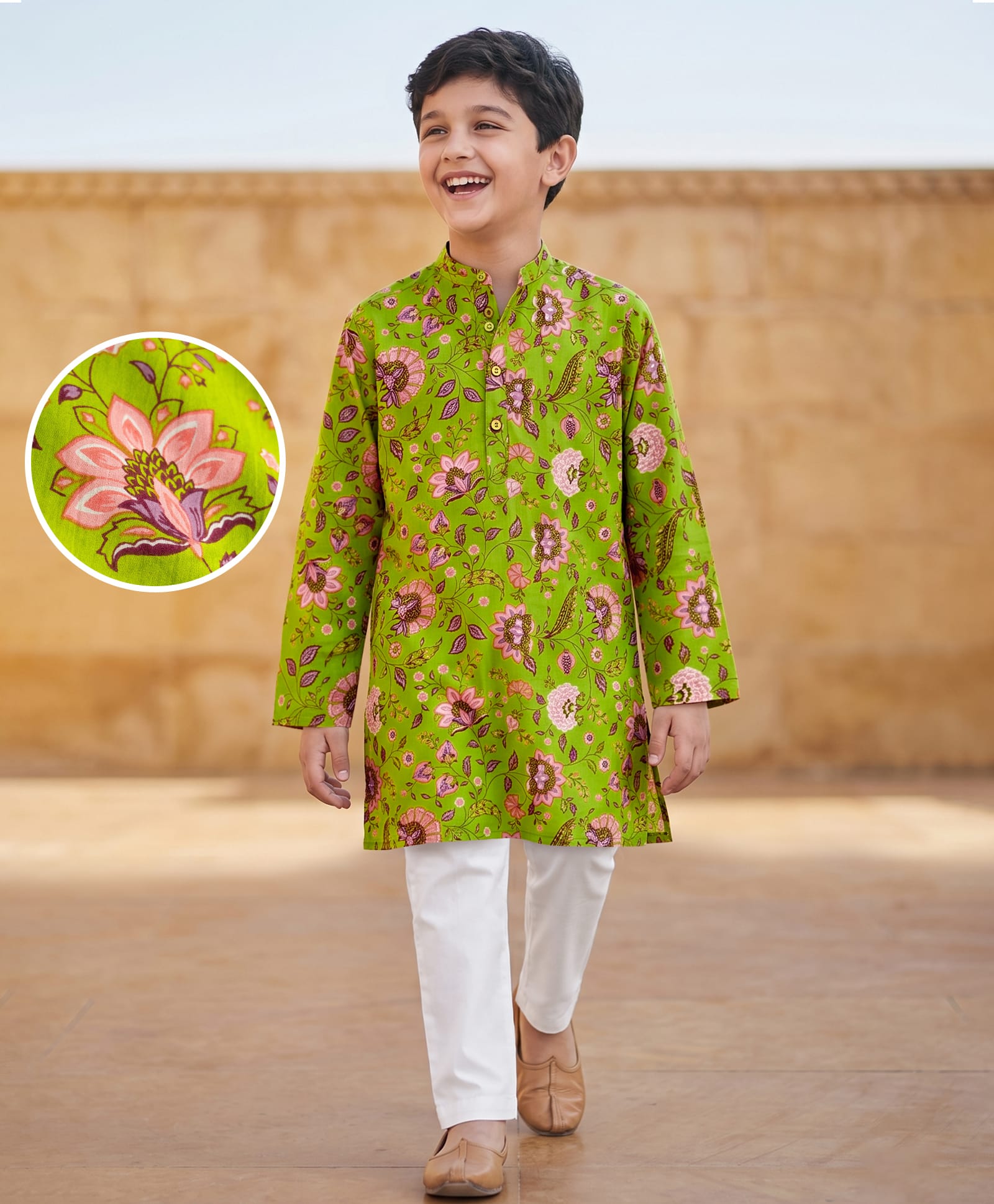 Pine Kids Cotton Woven Full Sleeves Floral Printed Kurta Pajama Set - Limegreen-picture-10