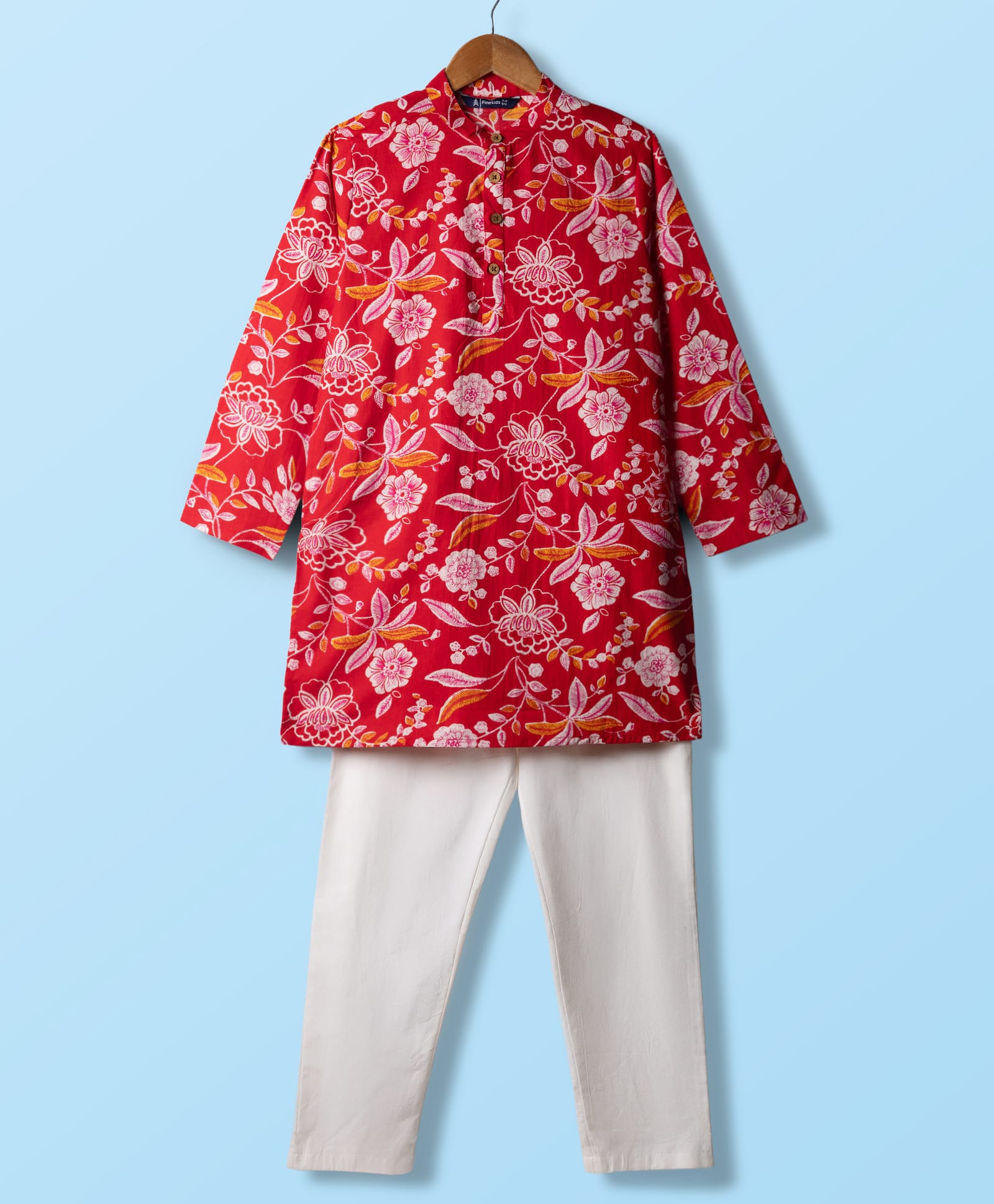 Pine Kids Cotton Woven Full Sleeves Kurta Pajama Set with Floral Print -Dark Red-image-29