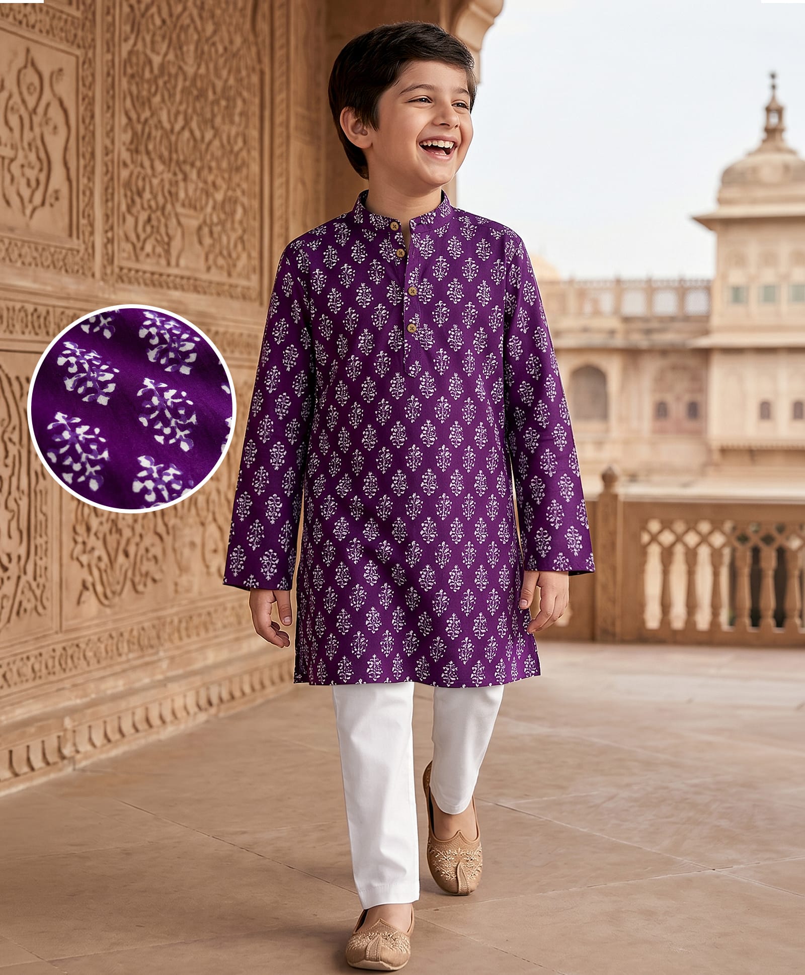 Pine Kids Cotton Woven Full Sleeves Floral Printed Kurta Pajama Set - Purple-picture-28