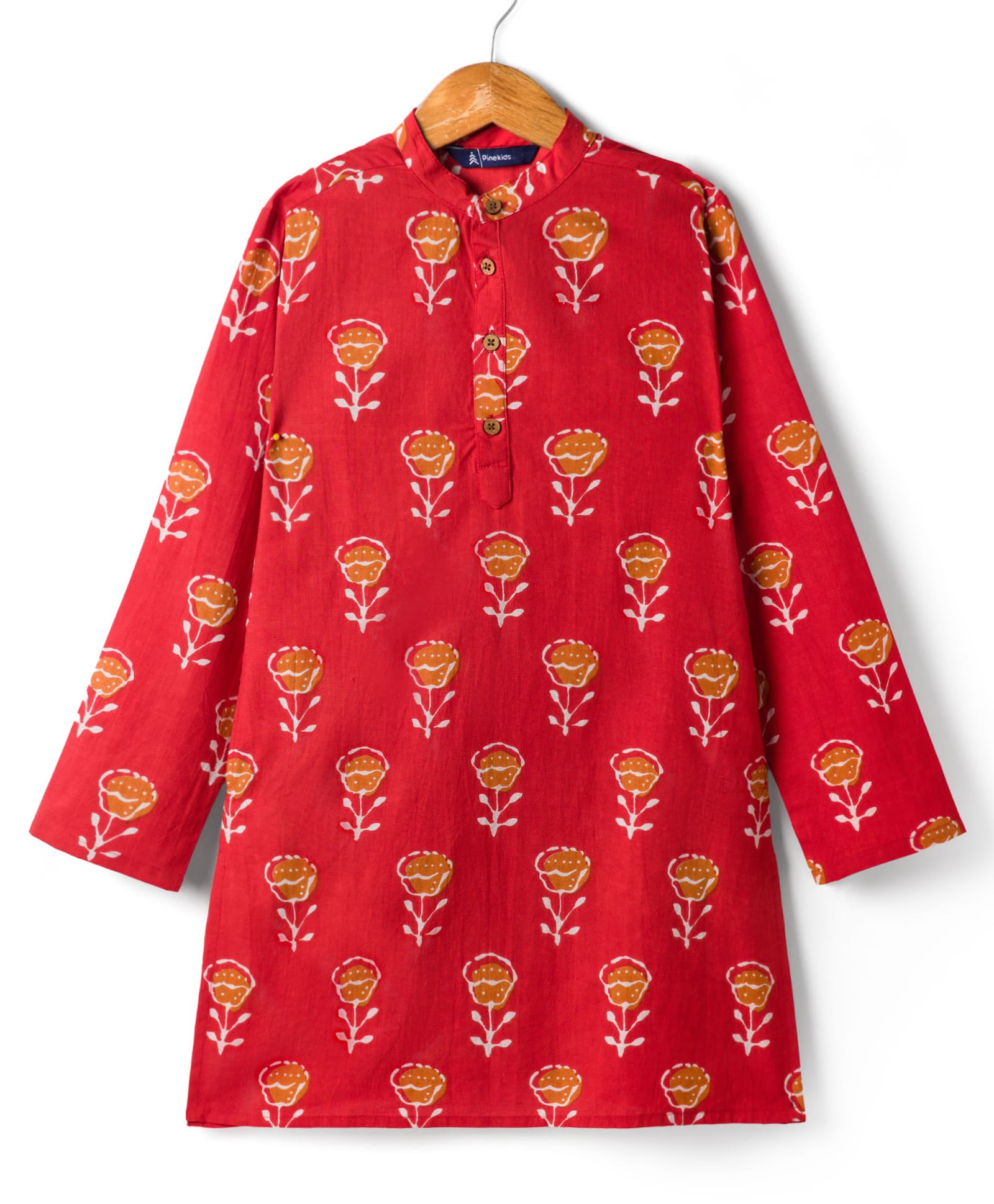 Pine Kids Cotton Woven Full Sleeves Floral Printed Kurta - Red-image-13