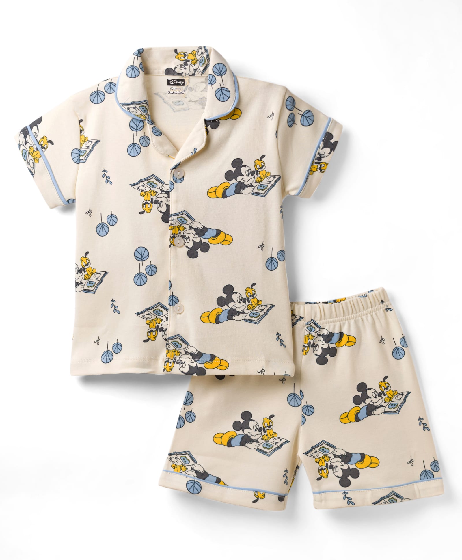 CUCUMBER Sinker Knit Half Sleeves Mickey Mouse Printed Shirts & Shorts Night Suit - Cream-image-42