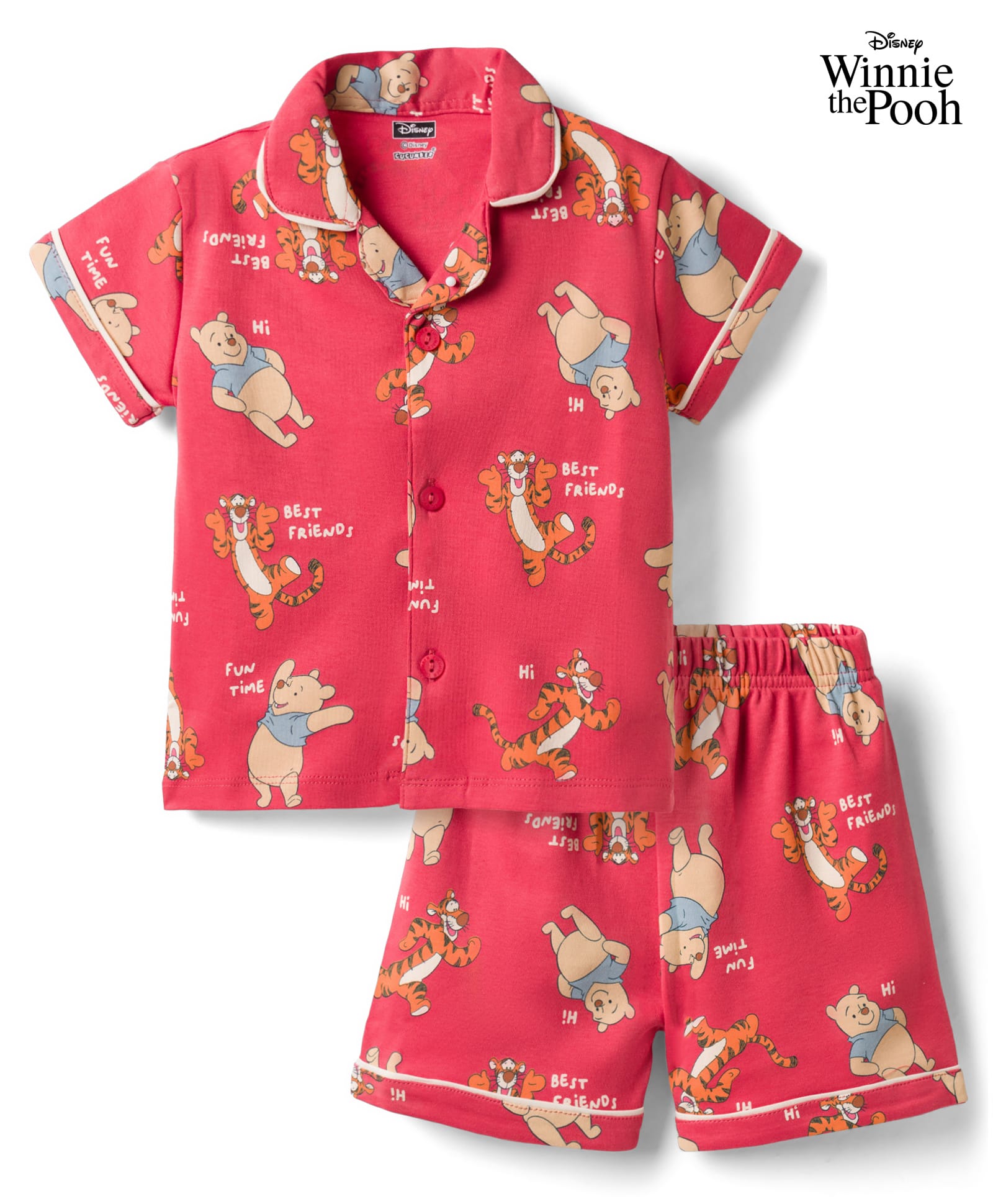 CUCUMBER Sinker Knit Half Sleeves Winnie the Pooh Printed Shirts & Shorts Night Suit - Red-image-29