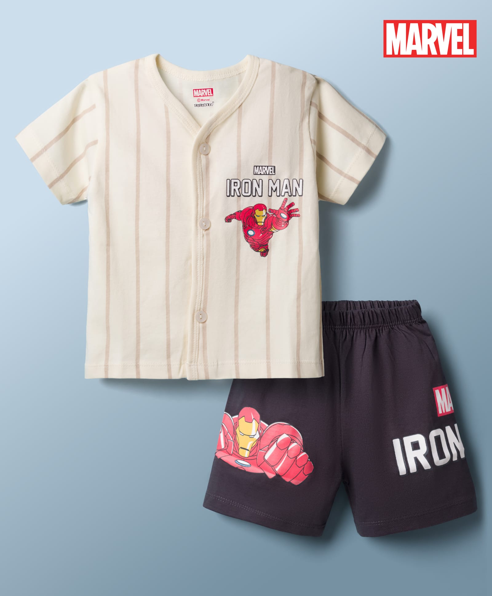 CUCUMBER Sinker Knit Half Sleeves T-Shirt & Shorts Night Suit with Iron Man Print - Cream-image-25