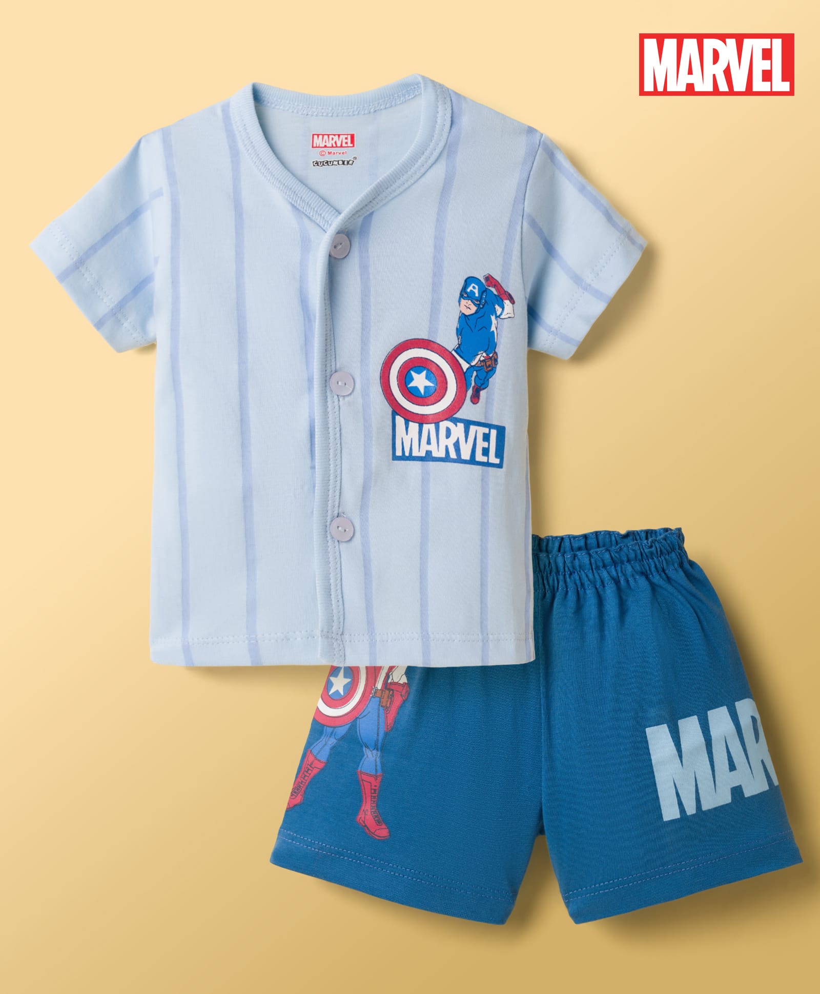 CUCUMBER Sinker Knit Half Sleeves T-Shirt & Shorts Night Suit with Marvel Print - Blue-picture-47
