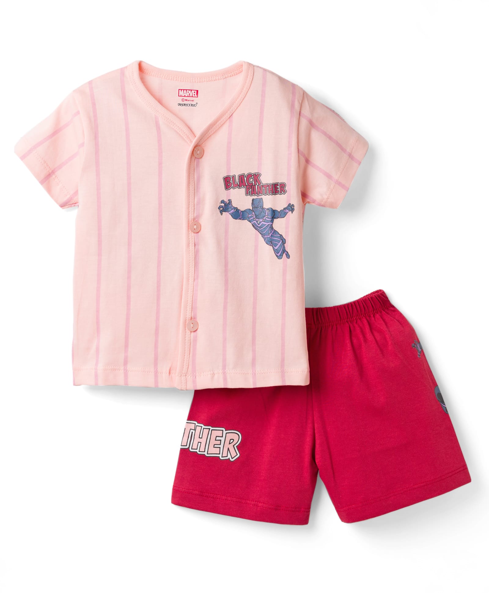 CUCUMBER Sinker Knit Half Sleeves T-Shirt & Shorts Night Suit with Black Panther Print - Pink-picture-47
