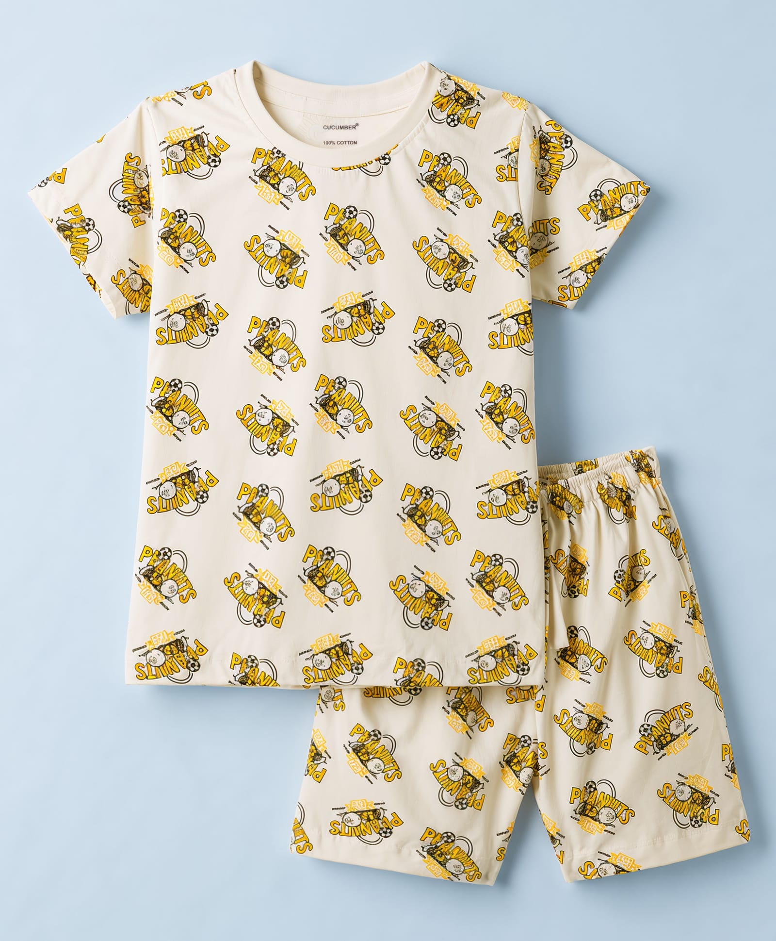 CUCUMBER Sinker Knit Half Sleeves T-Shirt & Shorts Co-Ord Night Suit With Text Print - Cream-picture-19