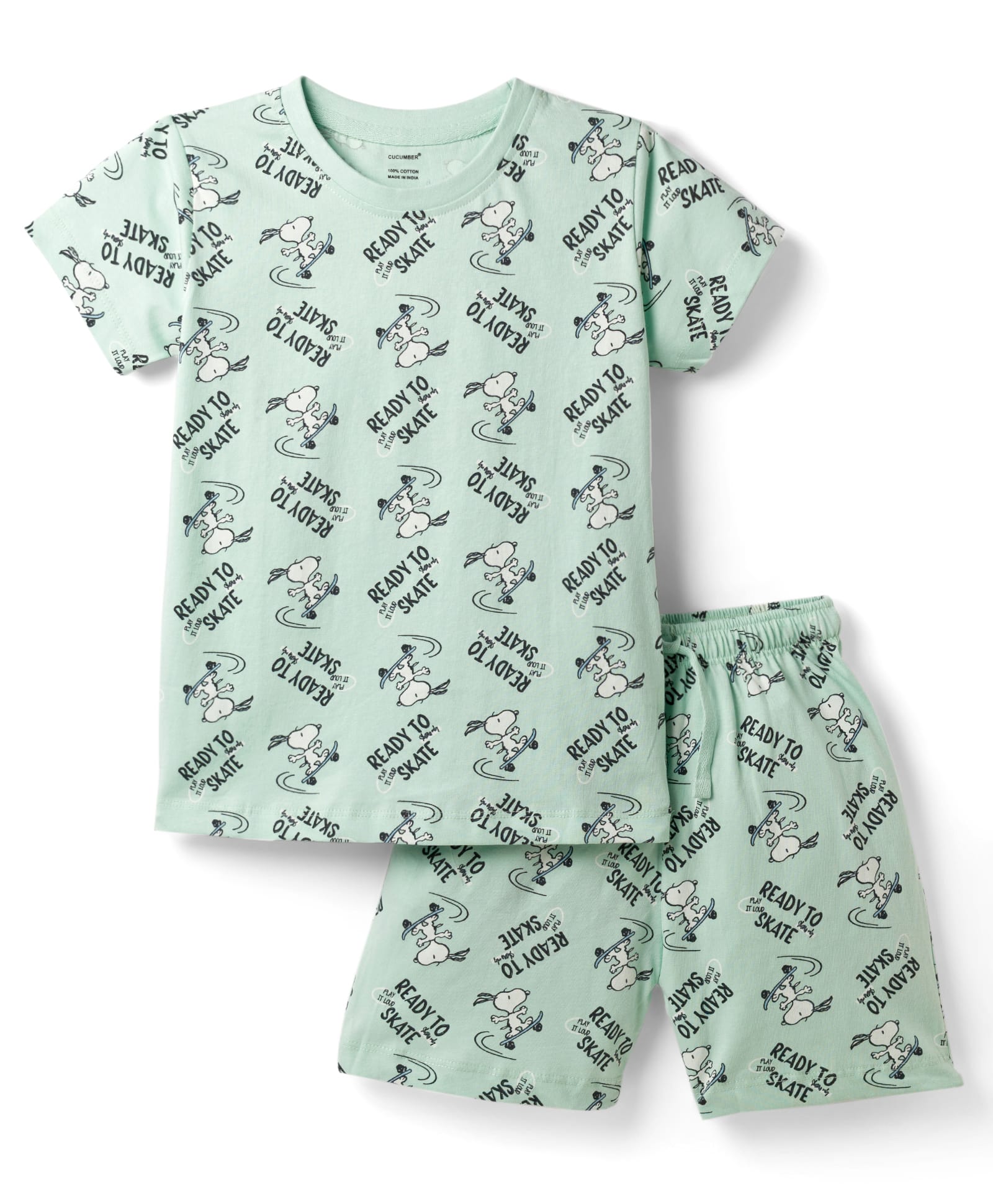 CUCUMBER Sinker Knit Half Sleeves T-Shirt & Shorts Night Suit with Skating Graphics - Sea Green-picture-14