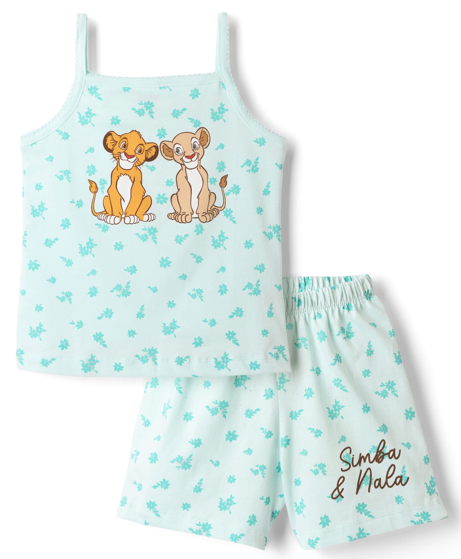 CUCUMBER Sinker Knit Sleeveless Top & Shorts Night Suit Floral Print With Simba & Nala Graphic - Light Blue-picture-20
