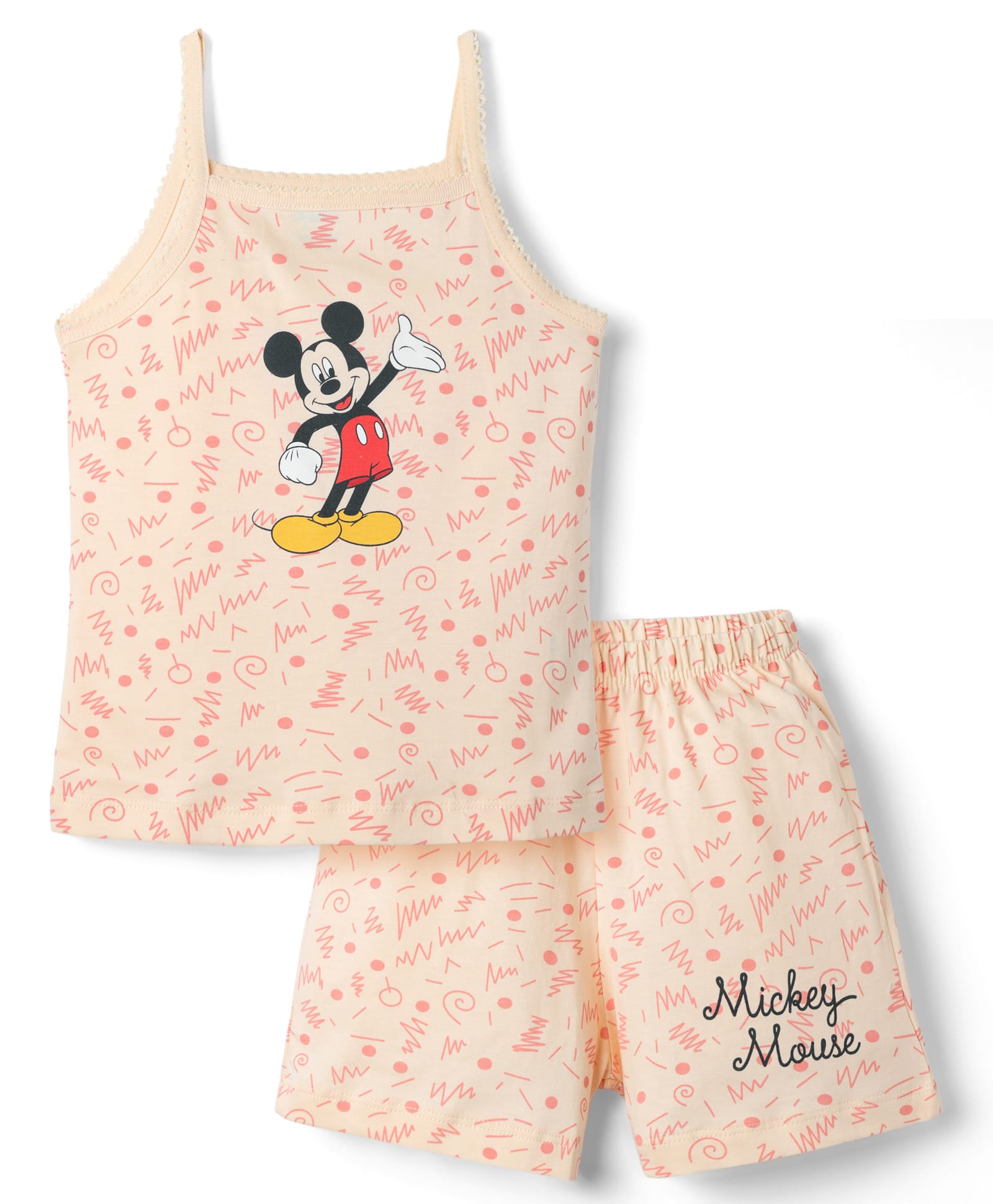 CUCUMBER Sinker Knit Sleeveless Top & Shorts Night Suit With Mickey Mouse Graphic - Peach-picture-34