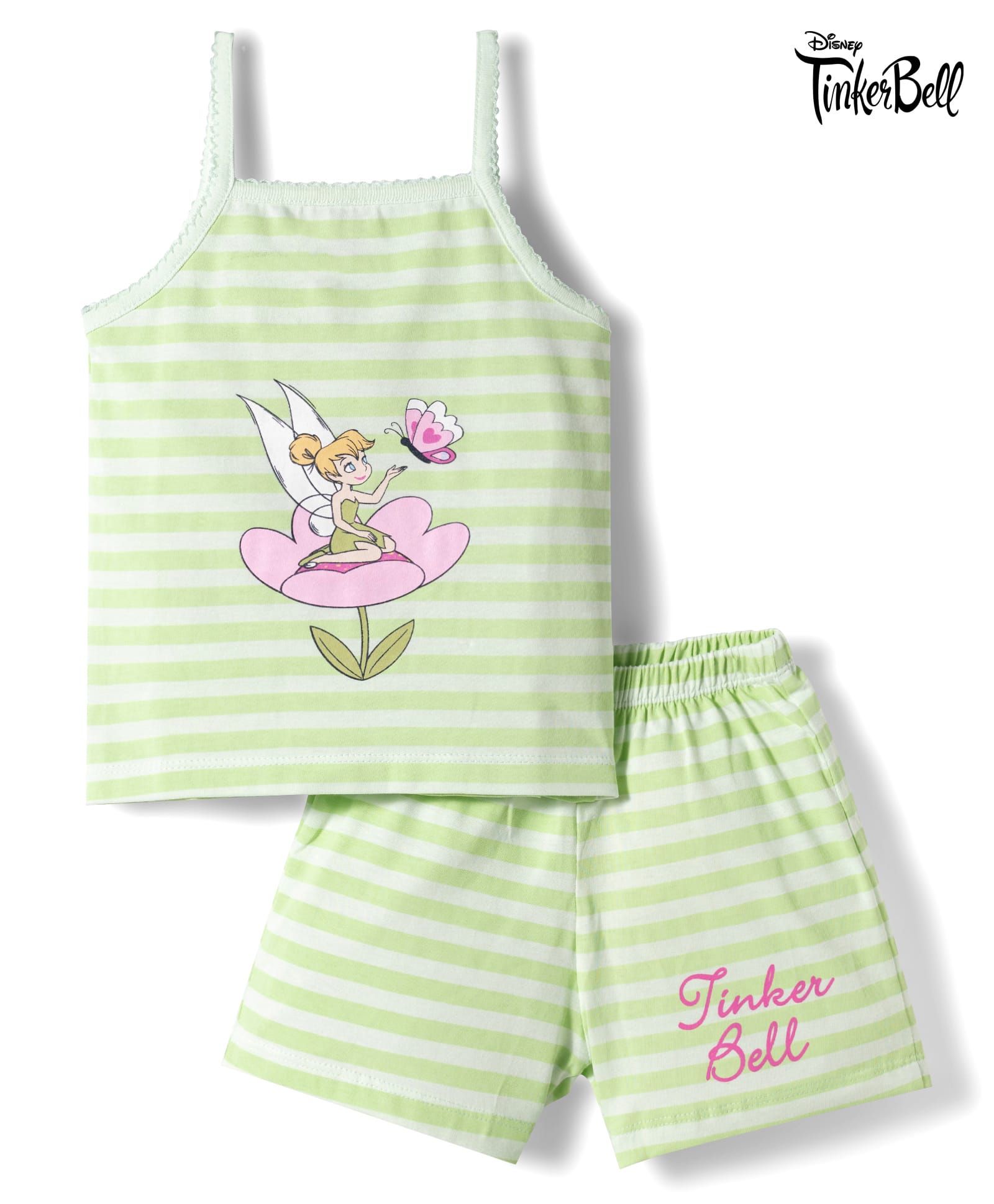 CUCUMBER Sinker Knit Sleeveless Striped Top & Shorts Night Suit With Tinker Bell Graphic - Light Green-image-45