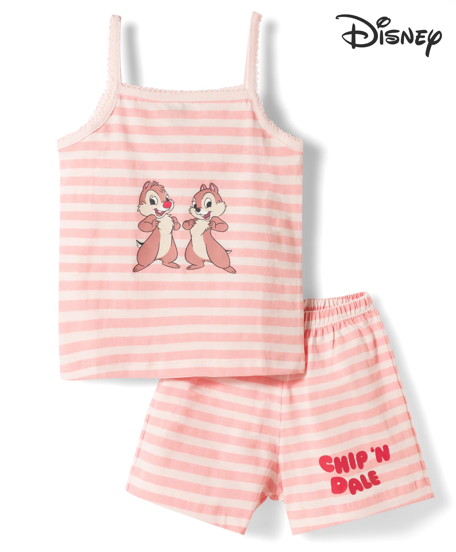 CUCUMBER Sinker Knit Sleeveless Striped Top & Shorts Night Suit With Chip N Dale Graphic - Baby Pink-image-18