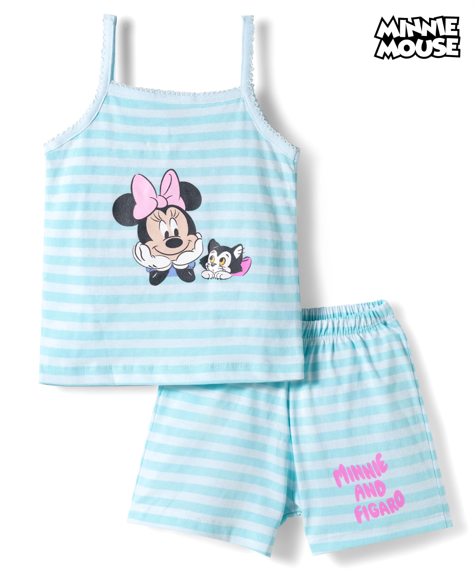 CUCUMBER Sinker Knit Sleeveless Striped Top & Shorts Night Suit With Mickey Mouse Graphic - Light Blue-picture-23