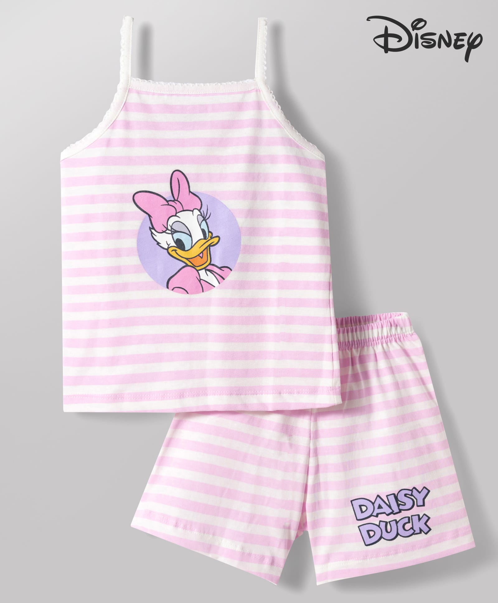 CUCUMBER Sinker Knit Sleeveless Striped Top & Shorts Night Suit With Daisy Duck Graphic - Off White-image-29