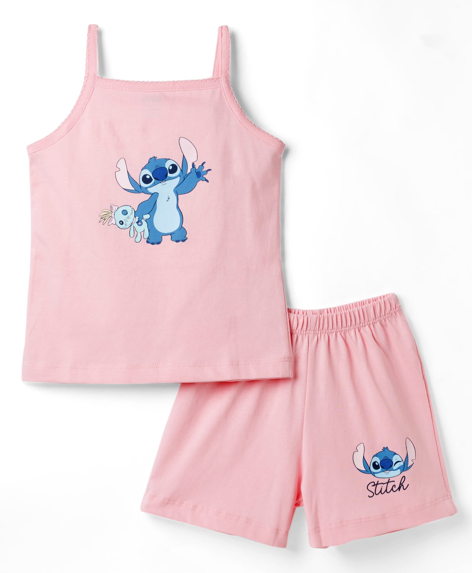 CUCUMBER Sinker Knit Sleeveless T-Shirt & Shorts Night Suit with Stitch Graphics - Pink-image-28