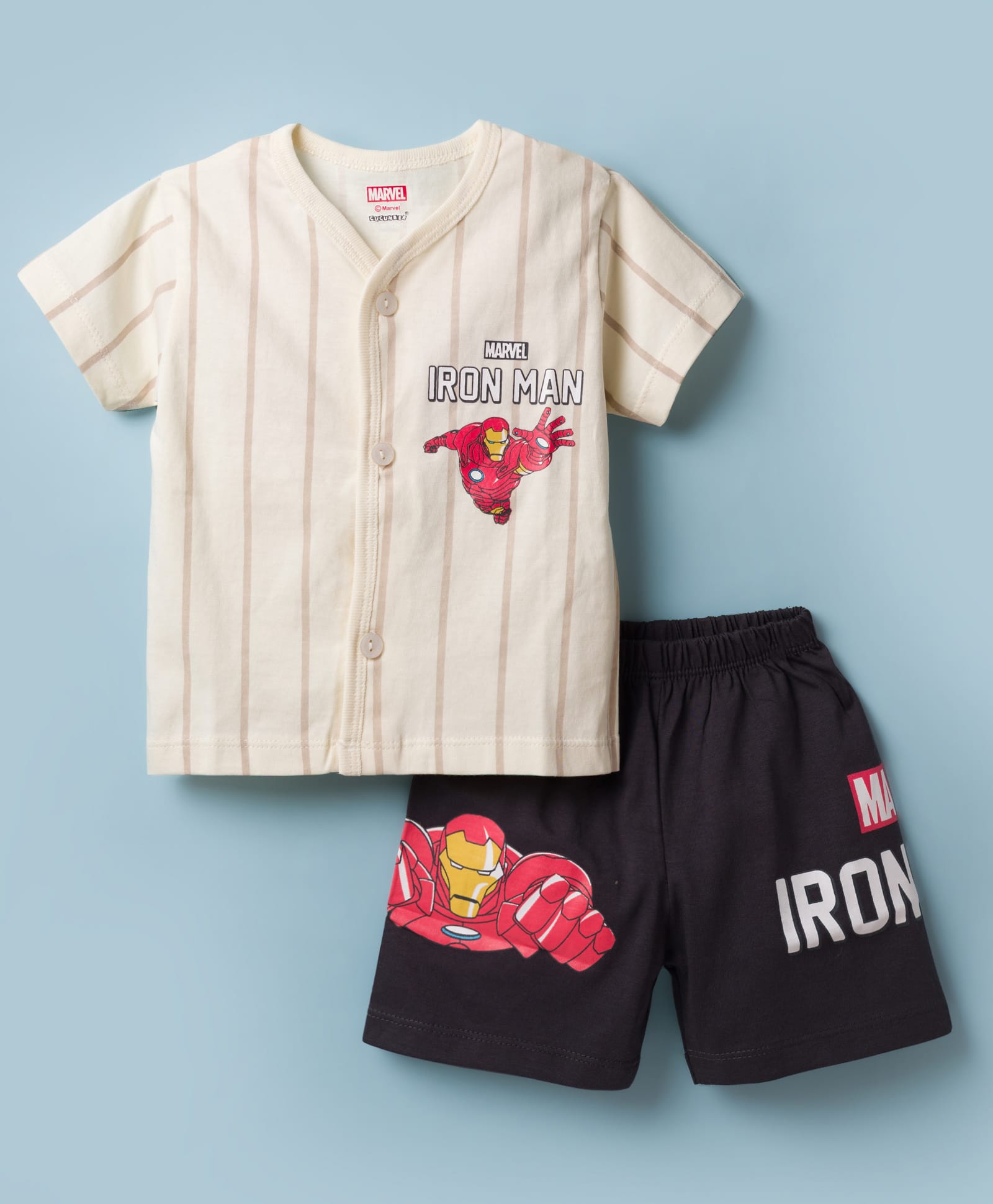CUCUMBER Sinker Knit Half Sleeves T-Shirt & Shorts Night Suit with Iron Man Print - Cream-image-27
