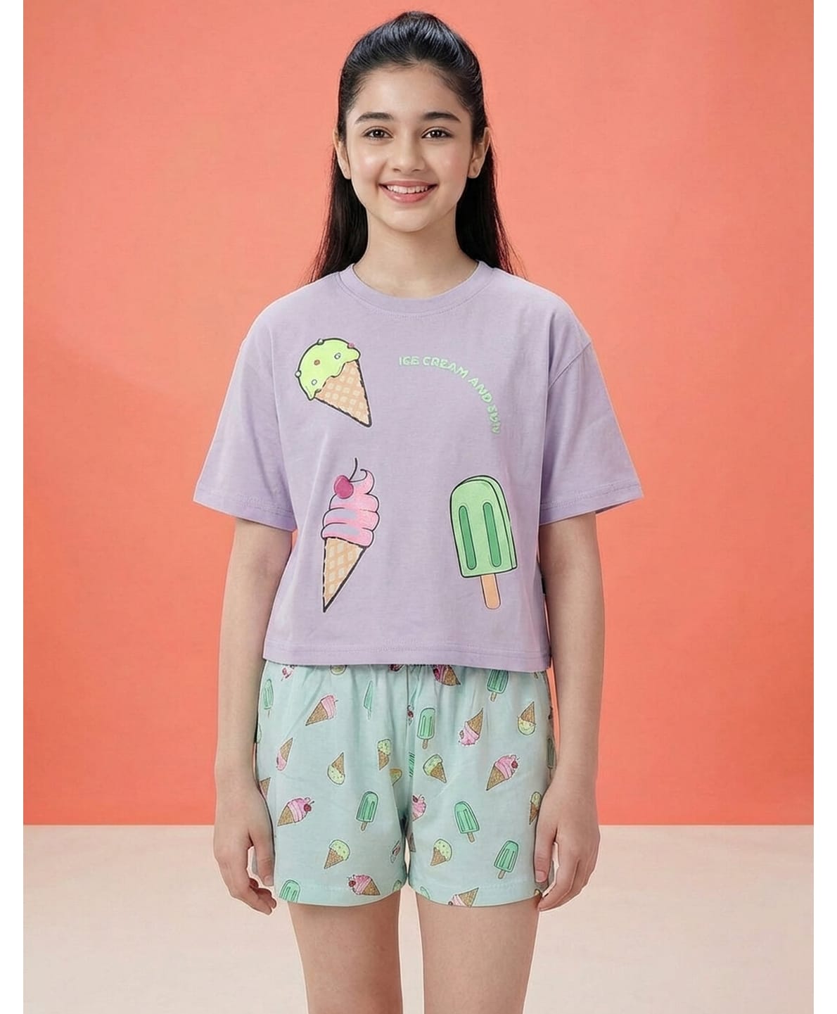 Lil Tomatoes Cotton Knit Half Sleeves Ice Cream Printed Top & Shorts Night Suit - Lilac-image-21