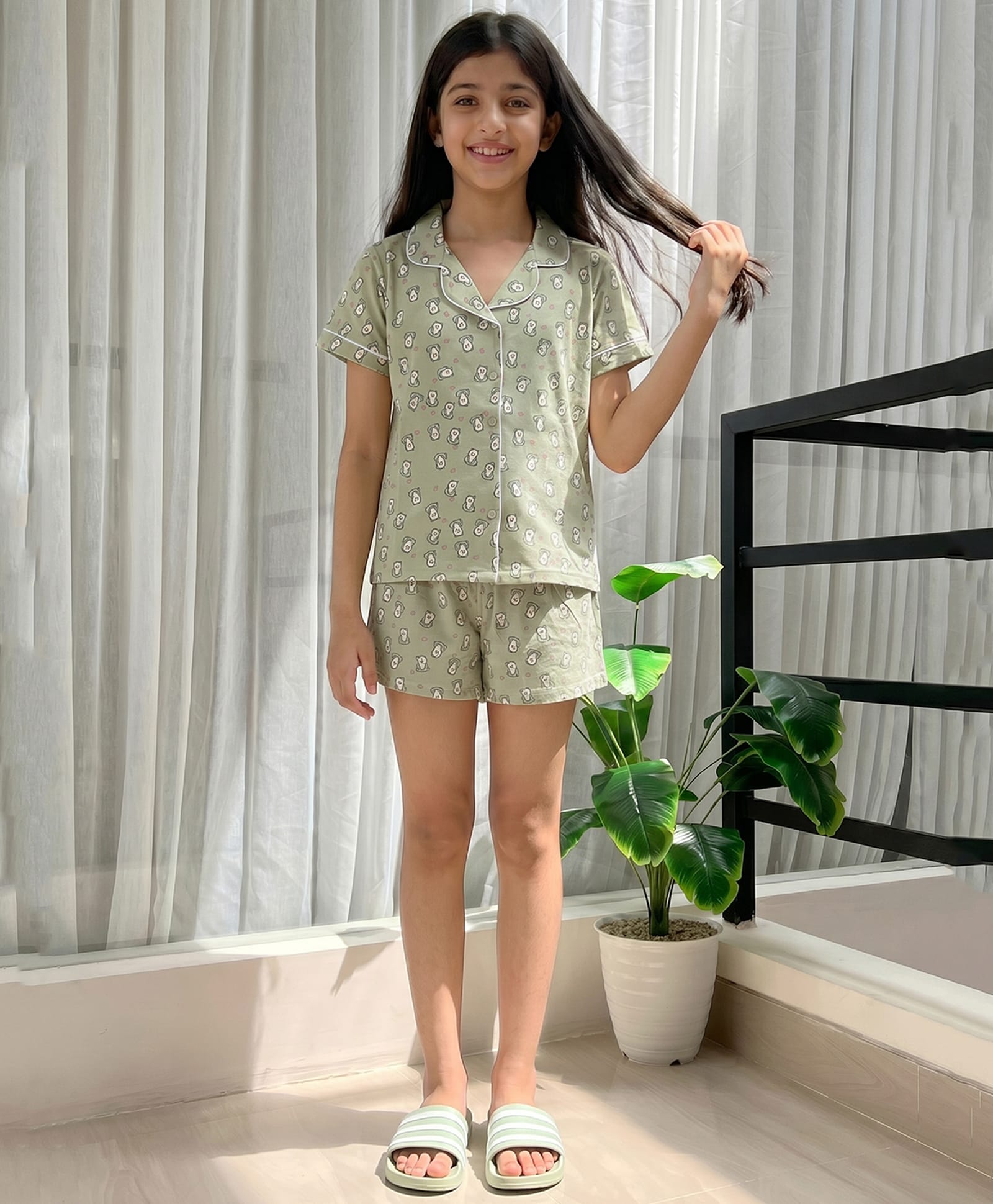 Lil Tomatoes Cotton Knit Half Sleeves Avocado Printed Coordinating Shirt & Shorts Night Suit - Olive Green-image-47