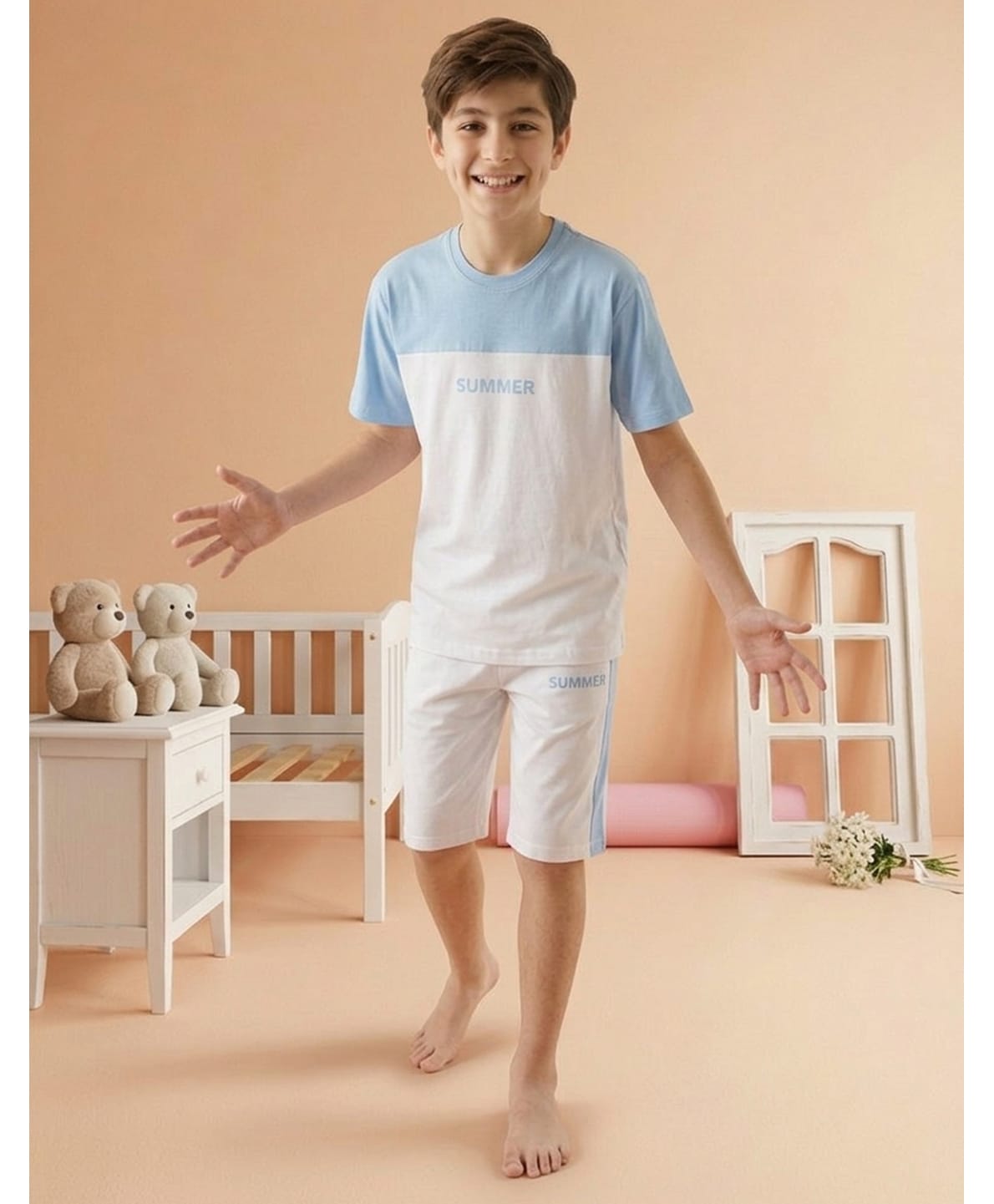 Lil Tomatoes Cotton Knit Half Sleeves Colour Blocked Summer Text Printed Tee & Shorts Night Suit - Ocean Blue-picture-34