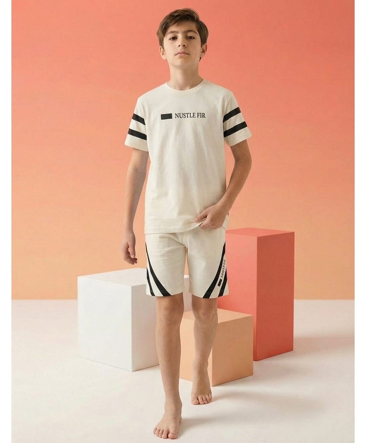 Lil Tomatoes Cotton Knit Half Sleeves Striped & Typography Printed Tee & Shorts Night Suit - Cream-picture-31
