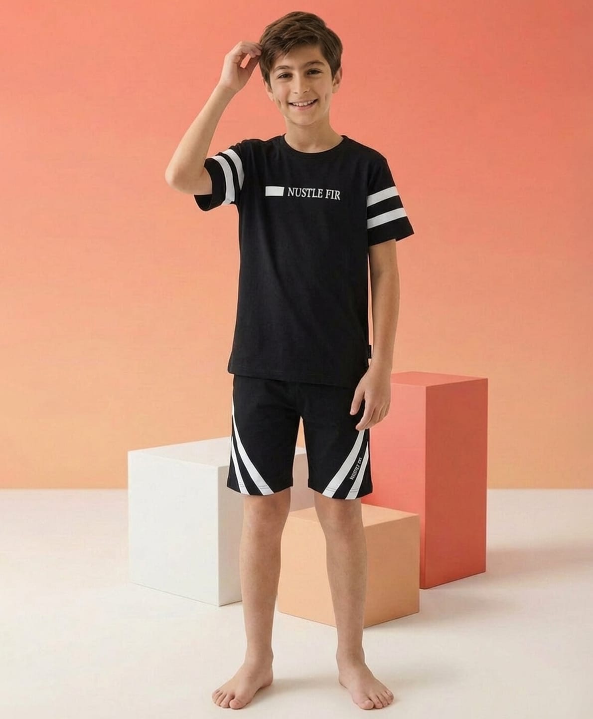 Lil Tomatoes Cotton Knit Half Sleeves Striped & Typography Printed Tee & Shorts Night Suit - Black-picture-19