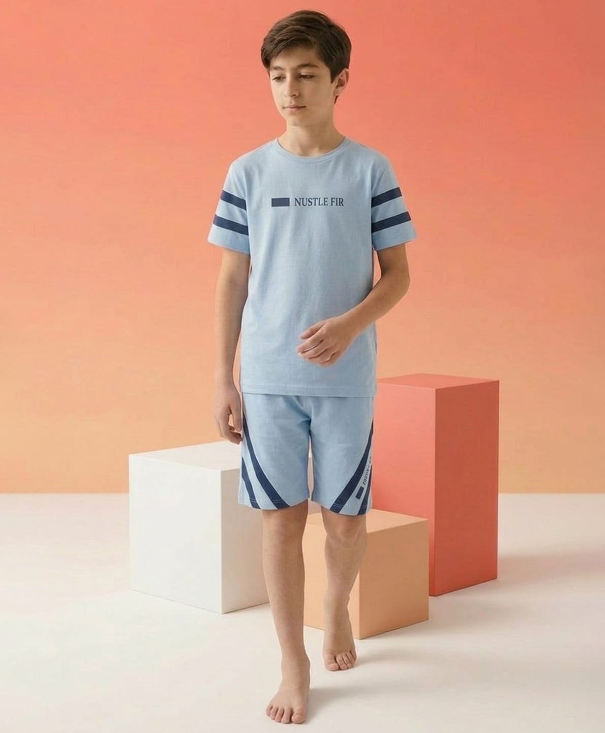 Lil Tomatoes Cotton Knit Half Sleeves Striped & Typography Printed Tee & Shorts Night Suit - Blue-image-5