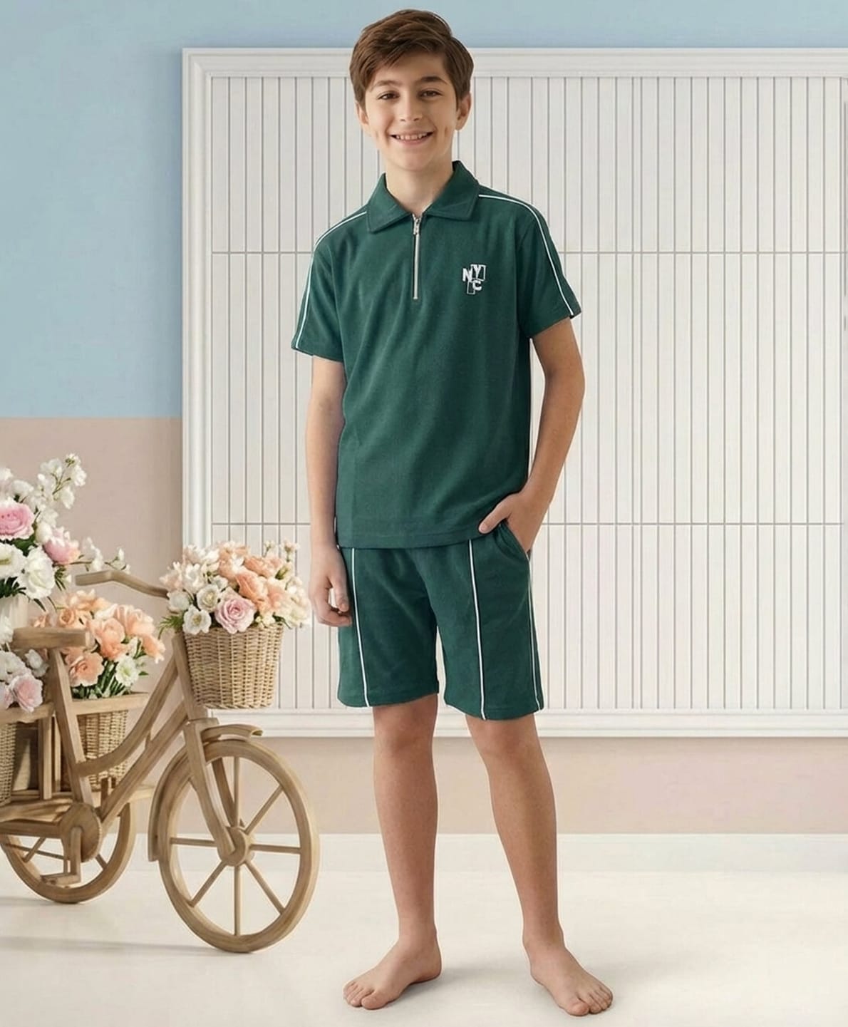 Lil Tomatoes Cotton Knit Half Sleeves Nyc Text Printed Tee & Shorts Night Suit - Green-picture-33