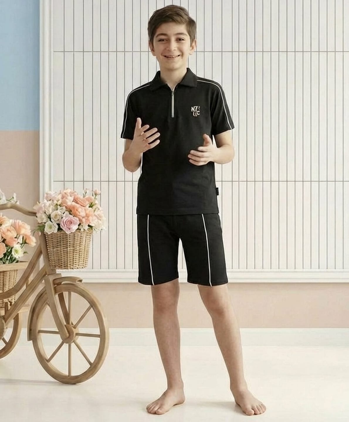 Lil Tomatoes Cotton Knit Half Sleeves Nyc Text Printed Tee & Shorts Night Suit - Black-image-38