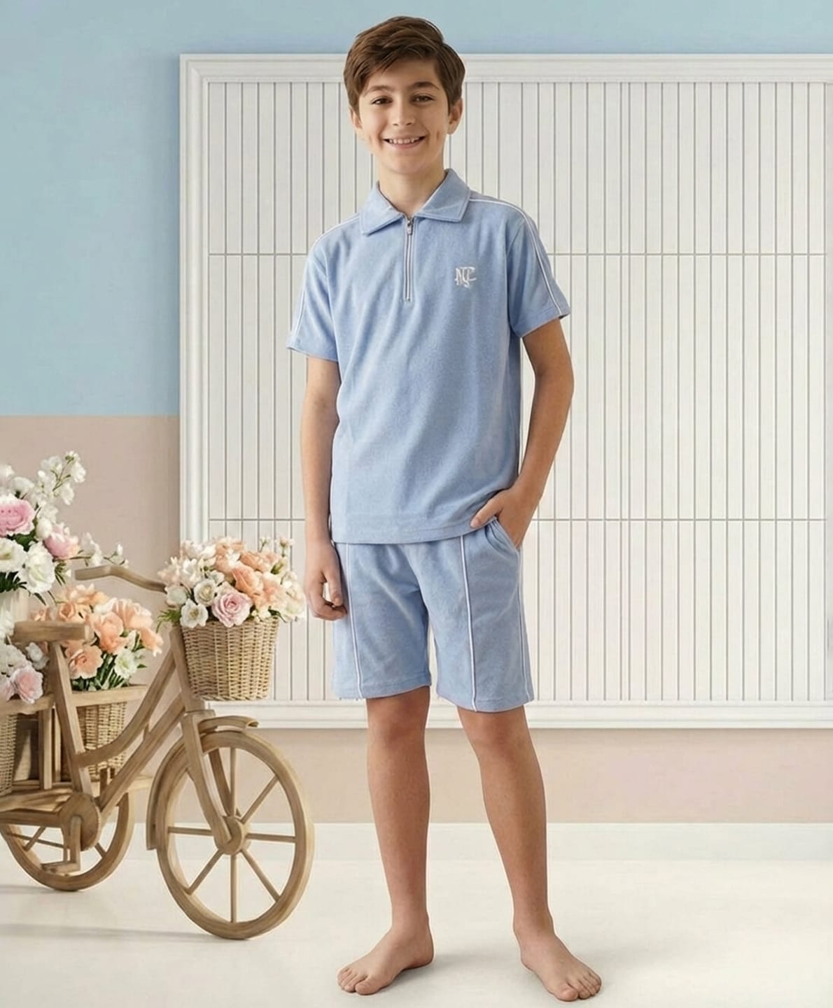 Lil Tomatoes Cotton Knit Half Sleeves Nyc Text Printed Tee & Shorts Night Suit - Ocean Blue-image-7