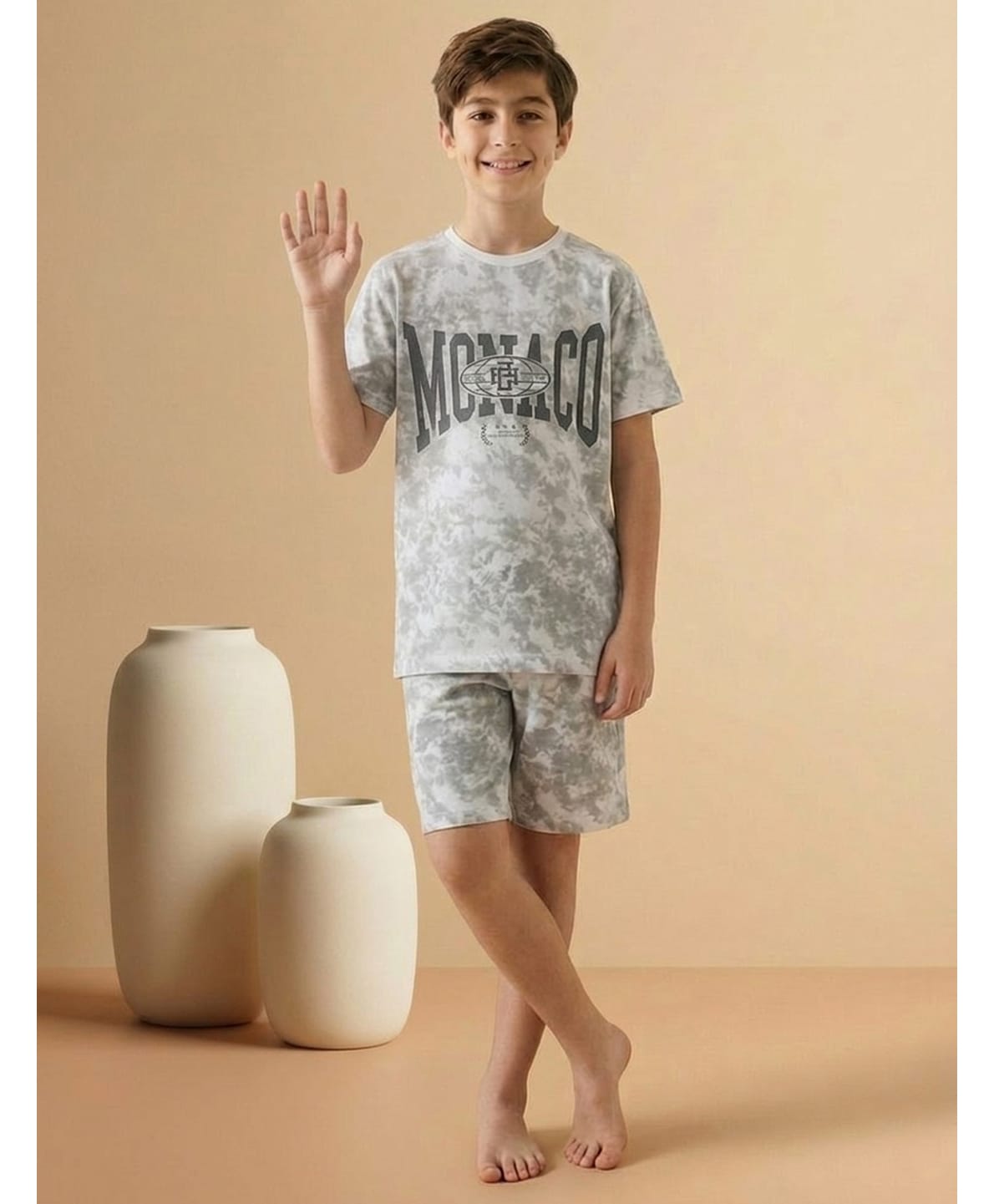Lil Tomatoes Cotton Knit Half Sleeves Tie Dye Monaco Text Printed Coordinating Tee & Shorts Night Suit - Charcoal-image-15