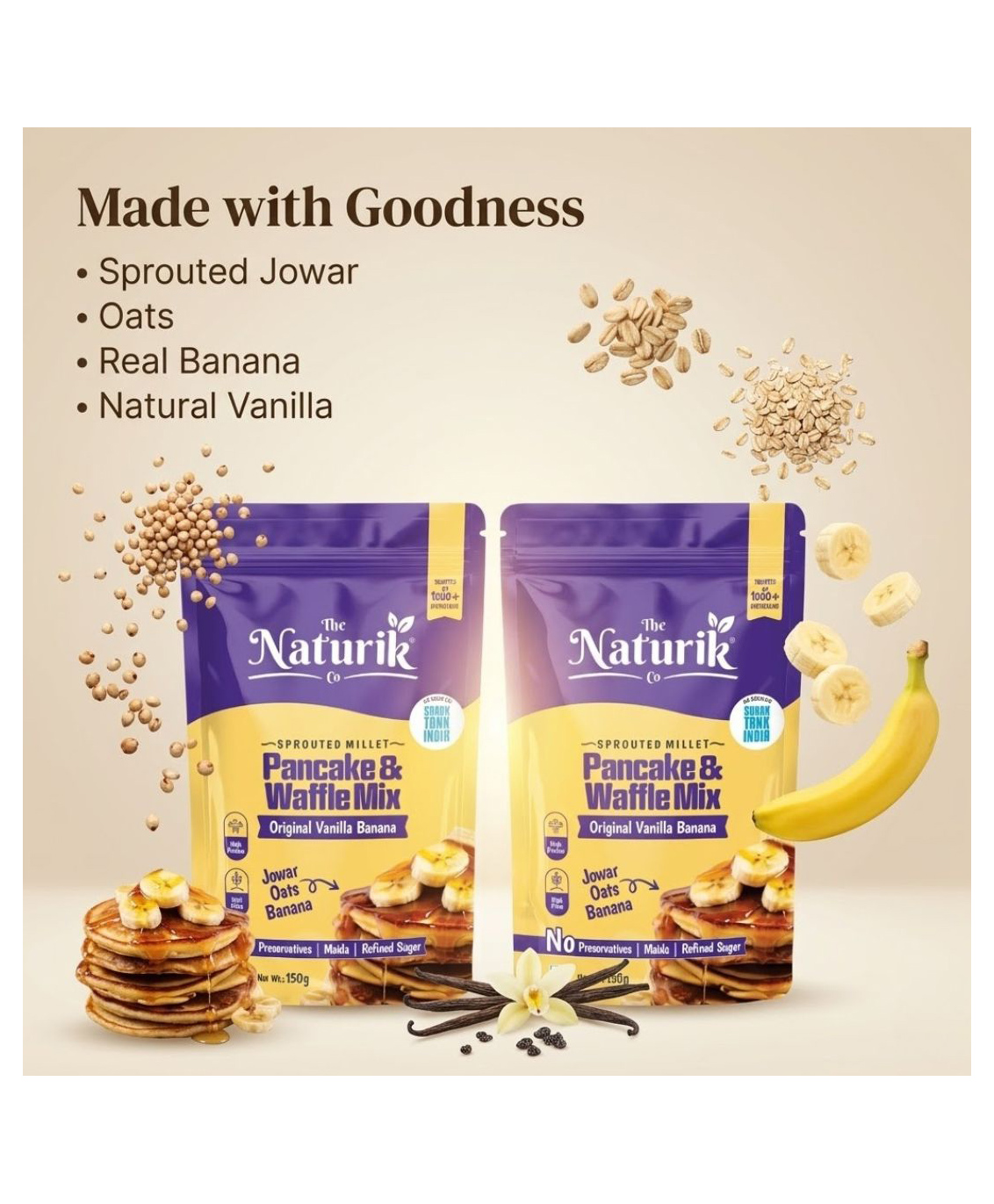 The Naturik Co Millet Vanilla Pancake and Waffle Mix (Made with Millets and Jaggery) (150g x 2 - 300g)-image-38