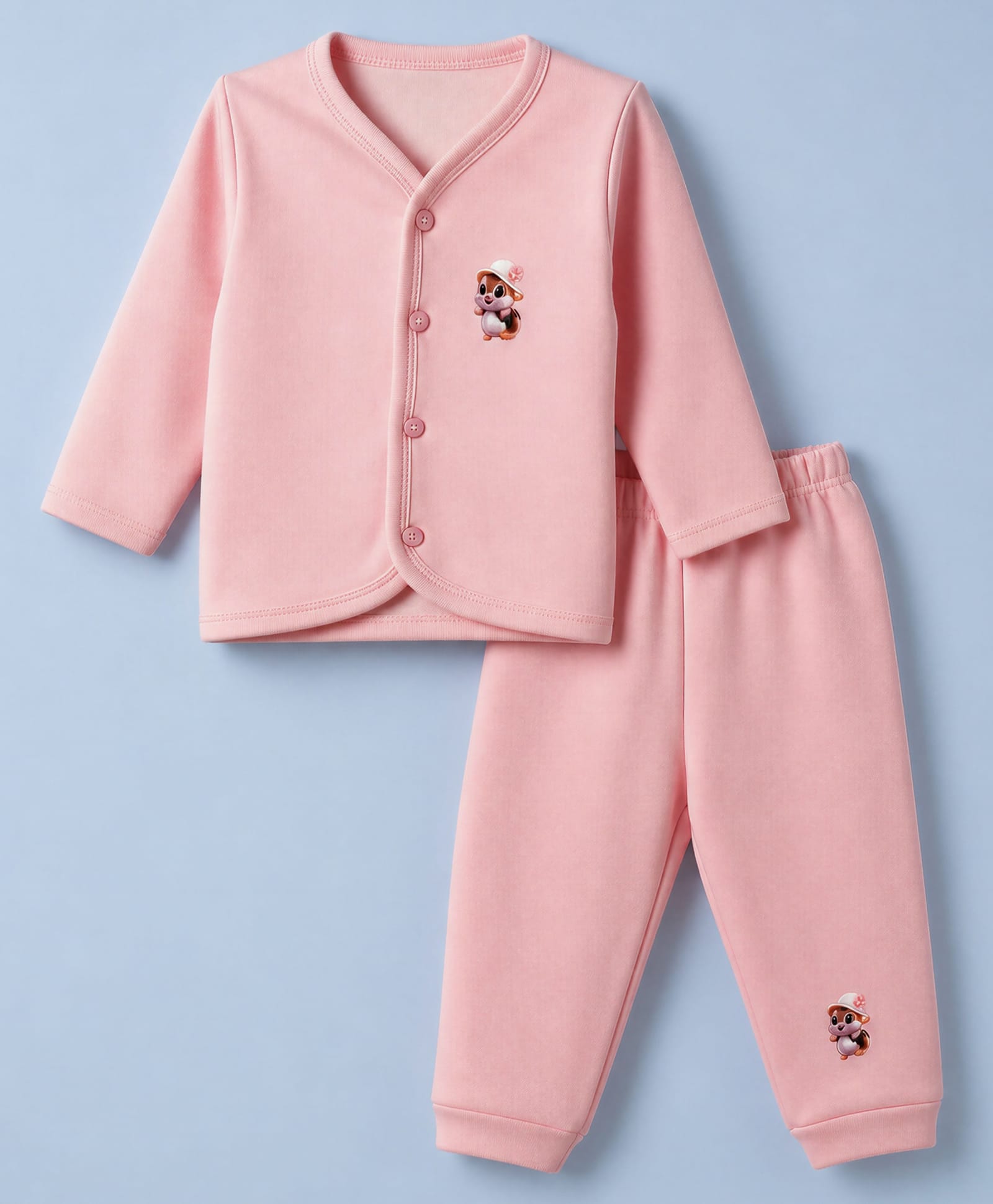 Little Darlings Fleece Knit Full Sleeves Co-Ords T-Shirt & Pyjama Winter Wear Night Suit with Squirrel Print - Coral-picture-24