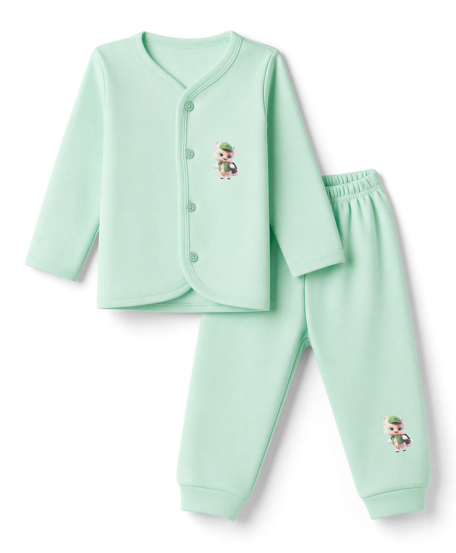 Little Darlings Fleece Knit Full Sleeves Co-Ords T-Shirt & Pyjama Winter Wear Night Suit with Cat Print - Sea Green-picture-28