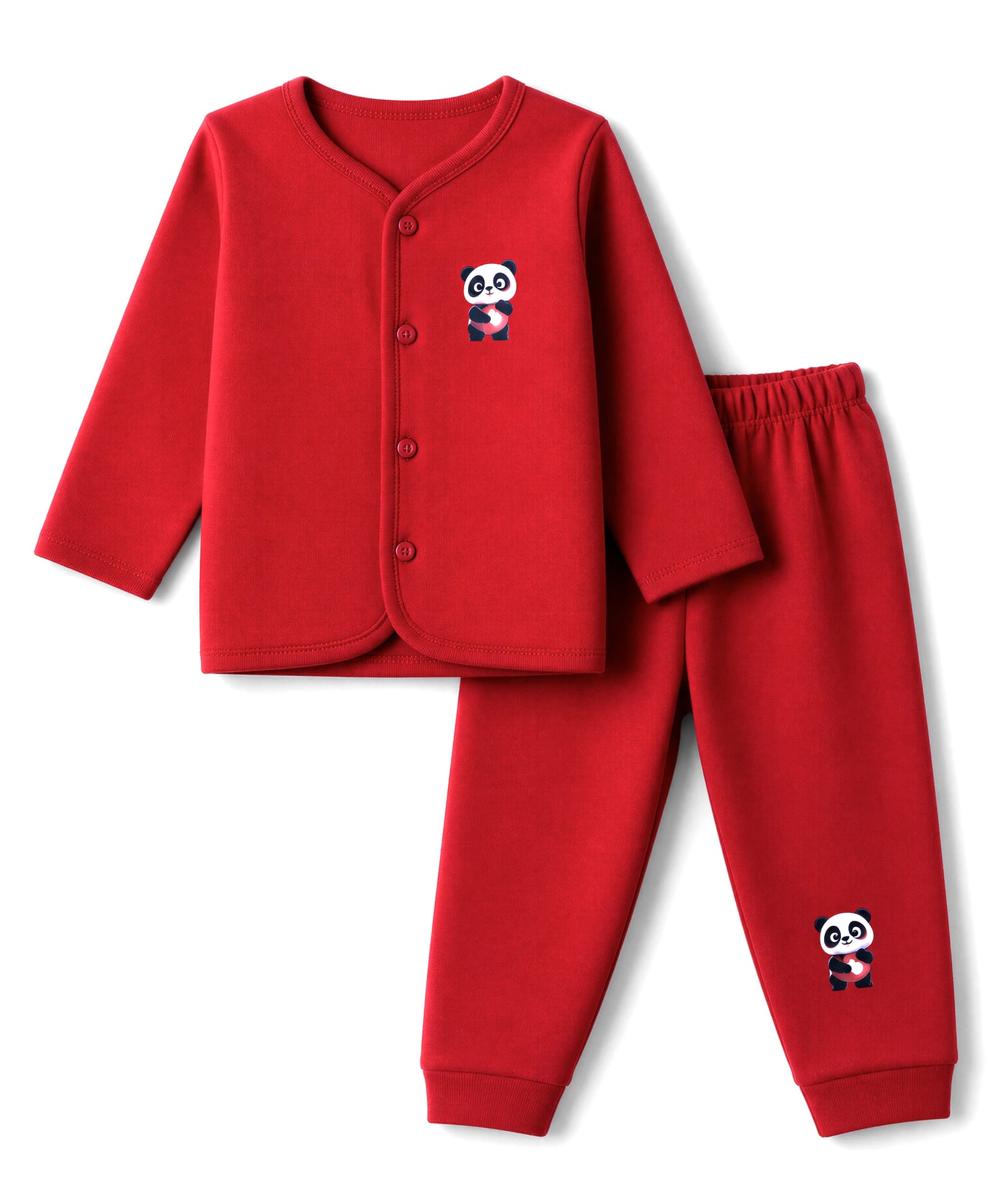 Little Darlings Fleece Knit Full Sleeves Co-Ords T-Shirt & Pyjama Winter Wear Night Suit with Panda Print - Maroon-image-23