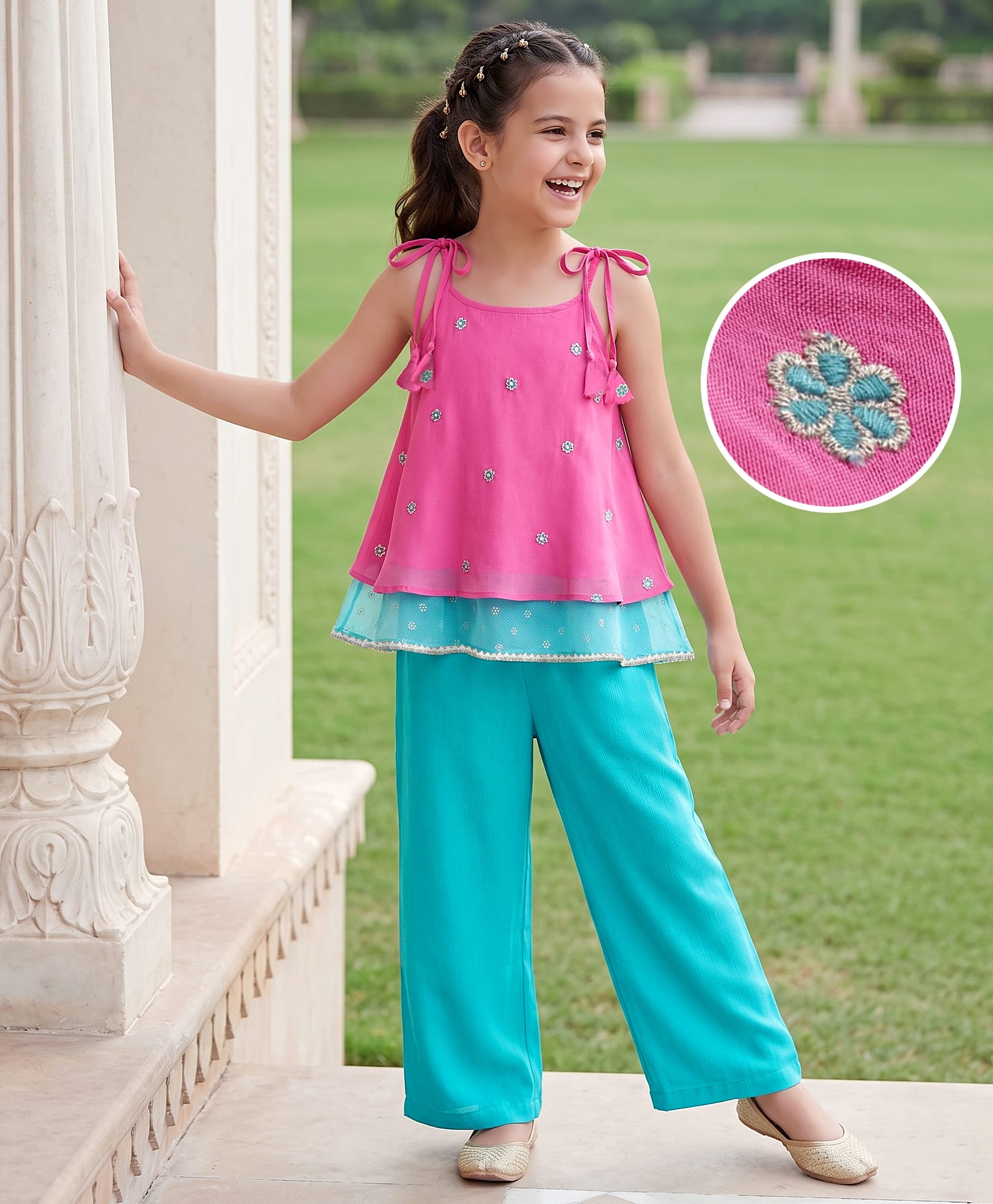 EARTHY TOUCH Woven Sleeveless Indo Western Set With Floral Embroidery - Pink & Blue-image-46