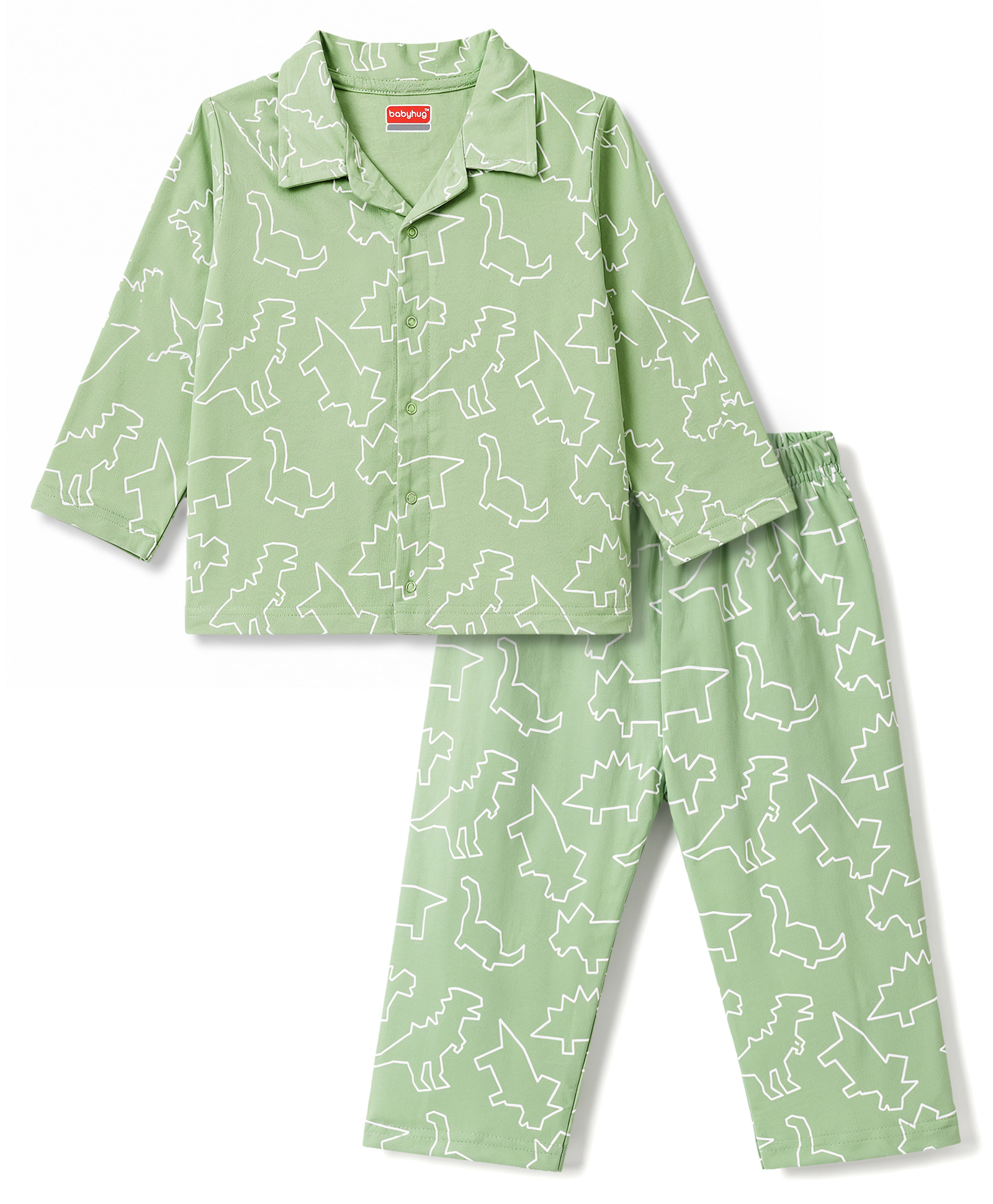 Babyhug Cotton Knit Full Sleeves Shirt & Pyjama Co-Ord Night Suit With Dino Print - Teal Blue-image-10